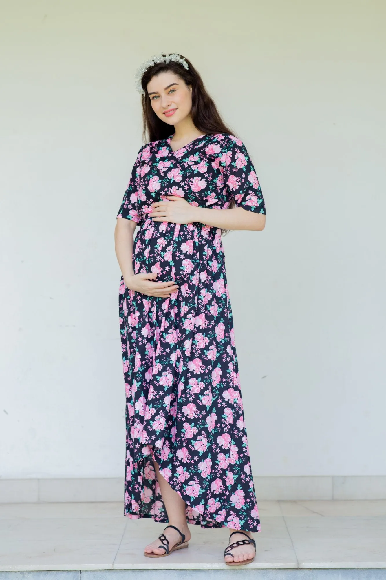 Midnight Breeze Maternity & Nursing Hi-Low Wrap Dress