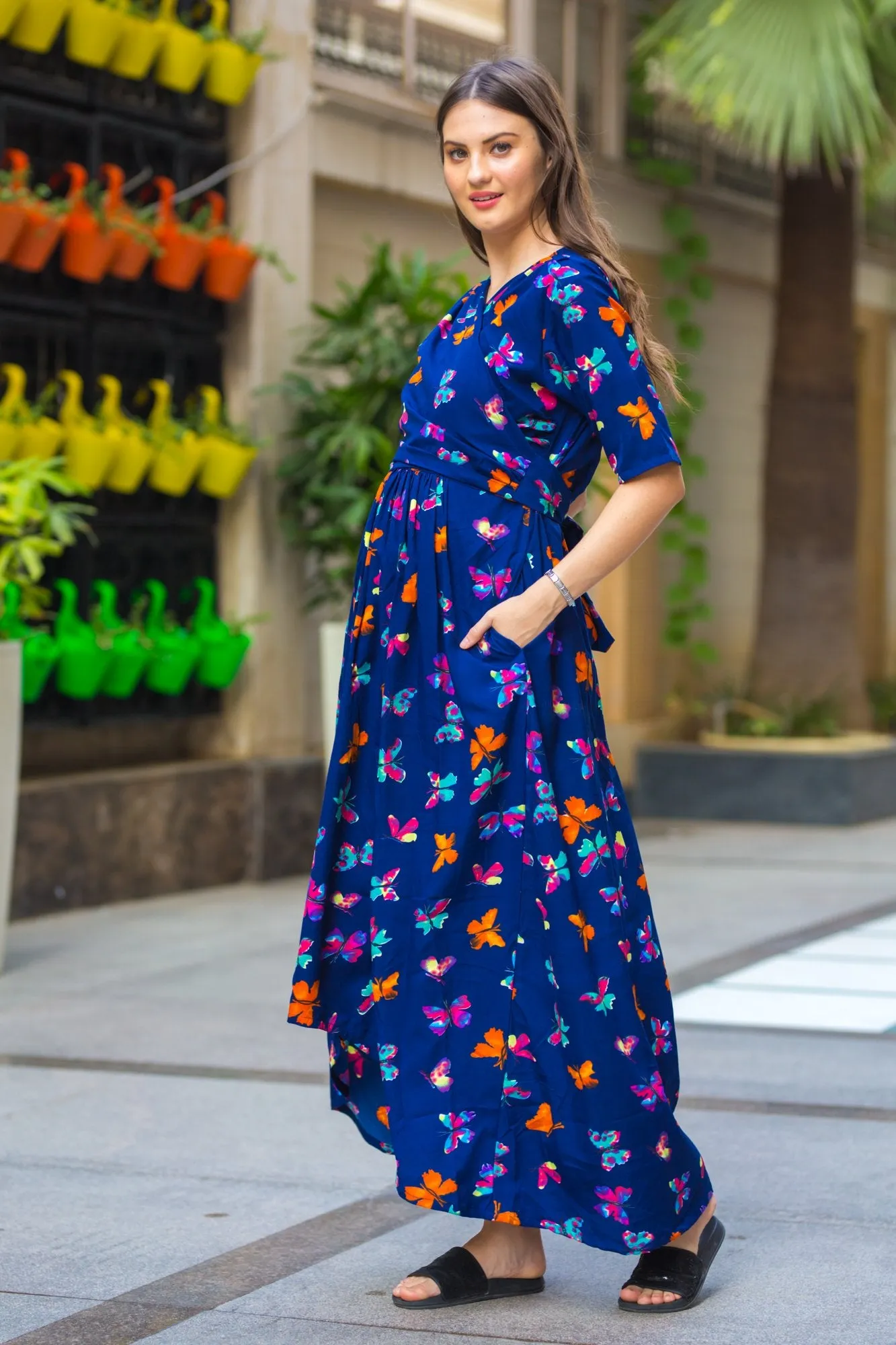 Midnight butterfly High-Low Maternity & Nursing Wrap Dress