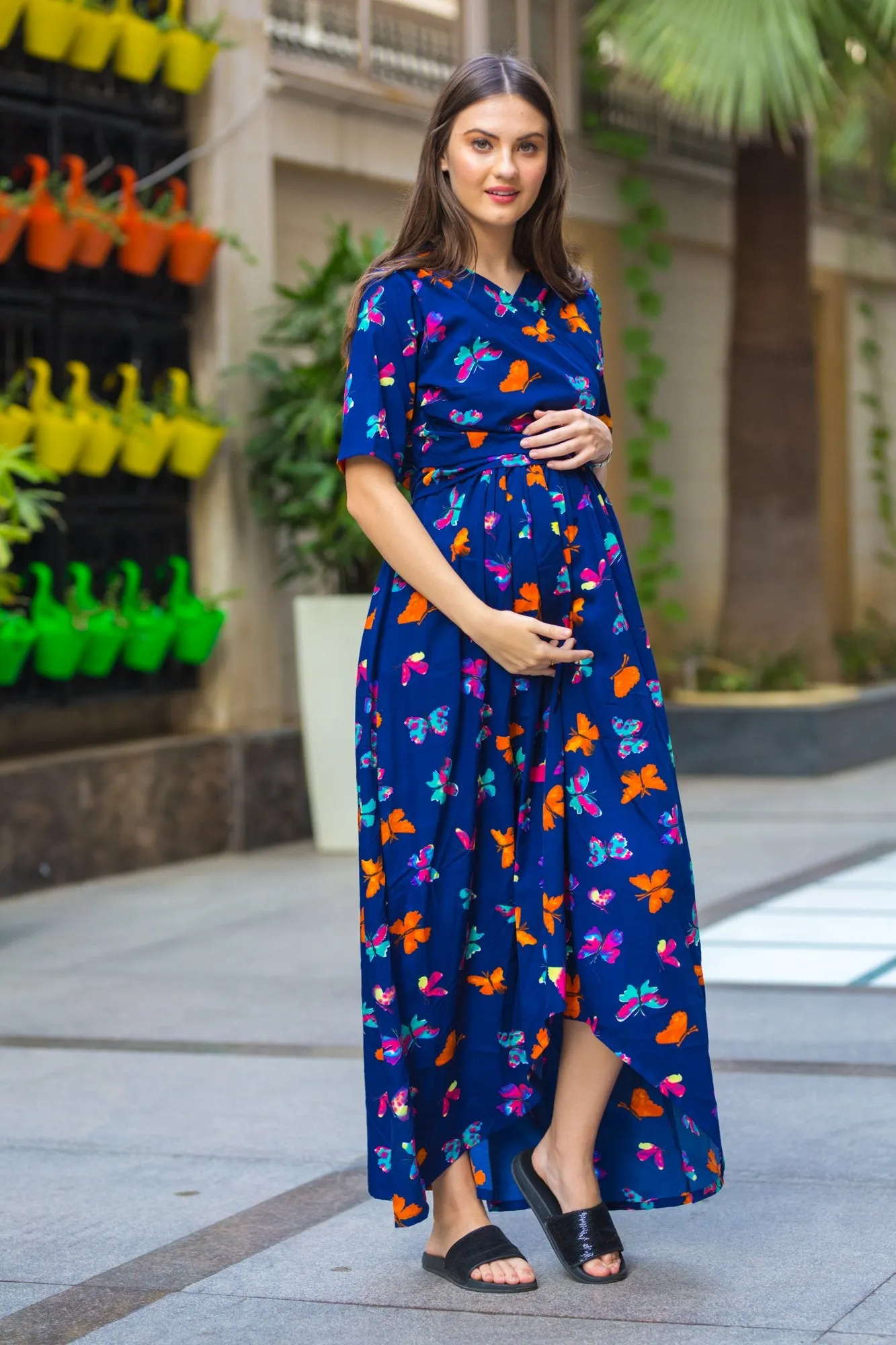 Midnight butterfly High-Low Maternity & Nursing Wrap Dress