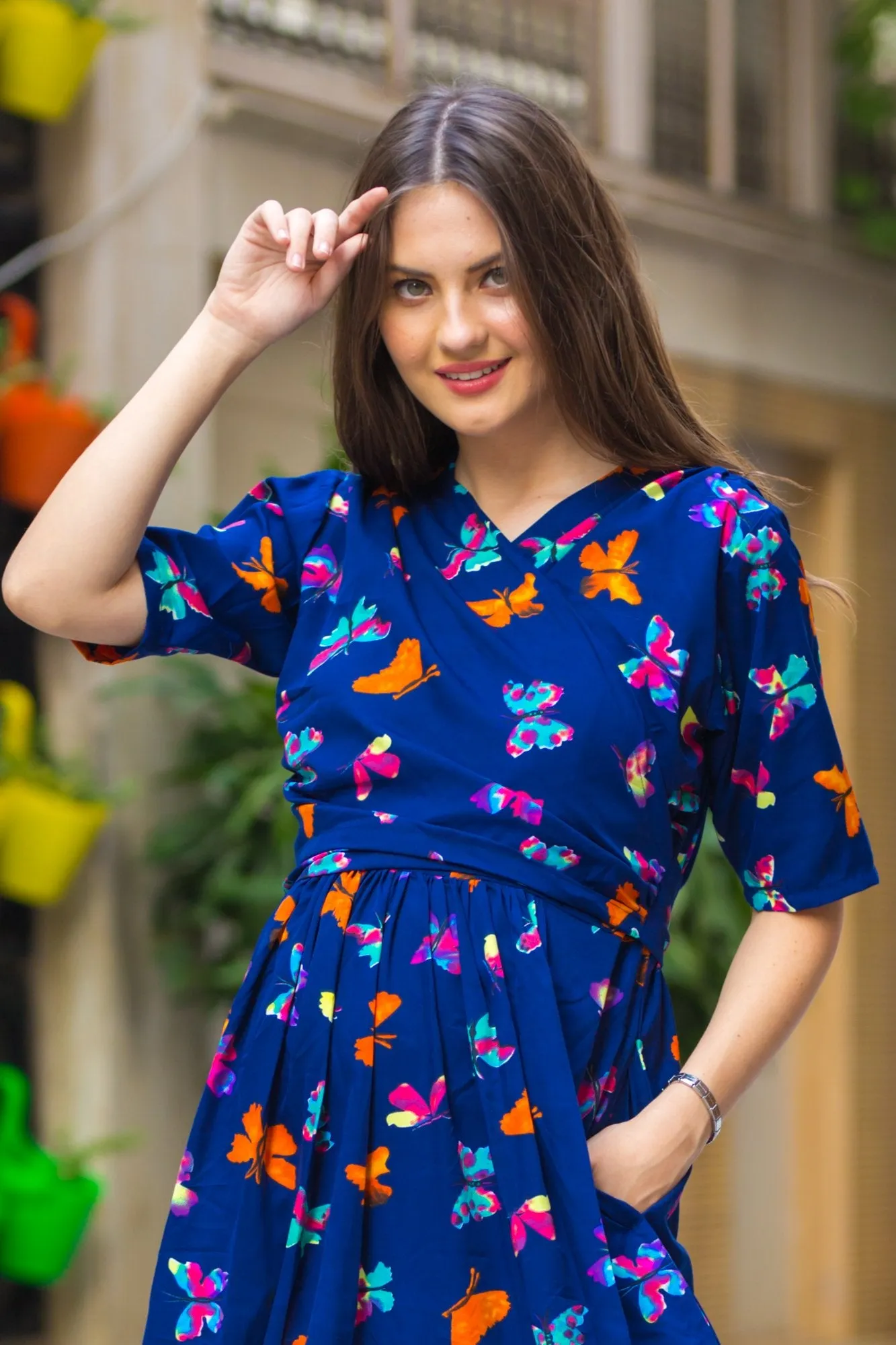 Midnight butterfly High-Low Maternity & Nursing Wrap Dress