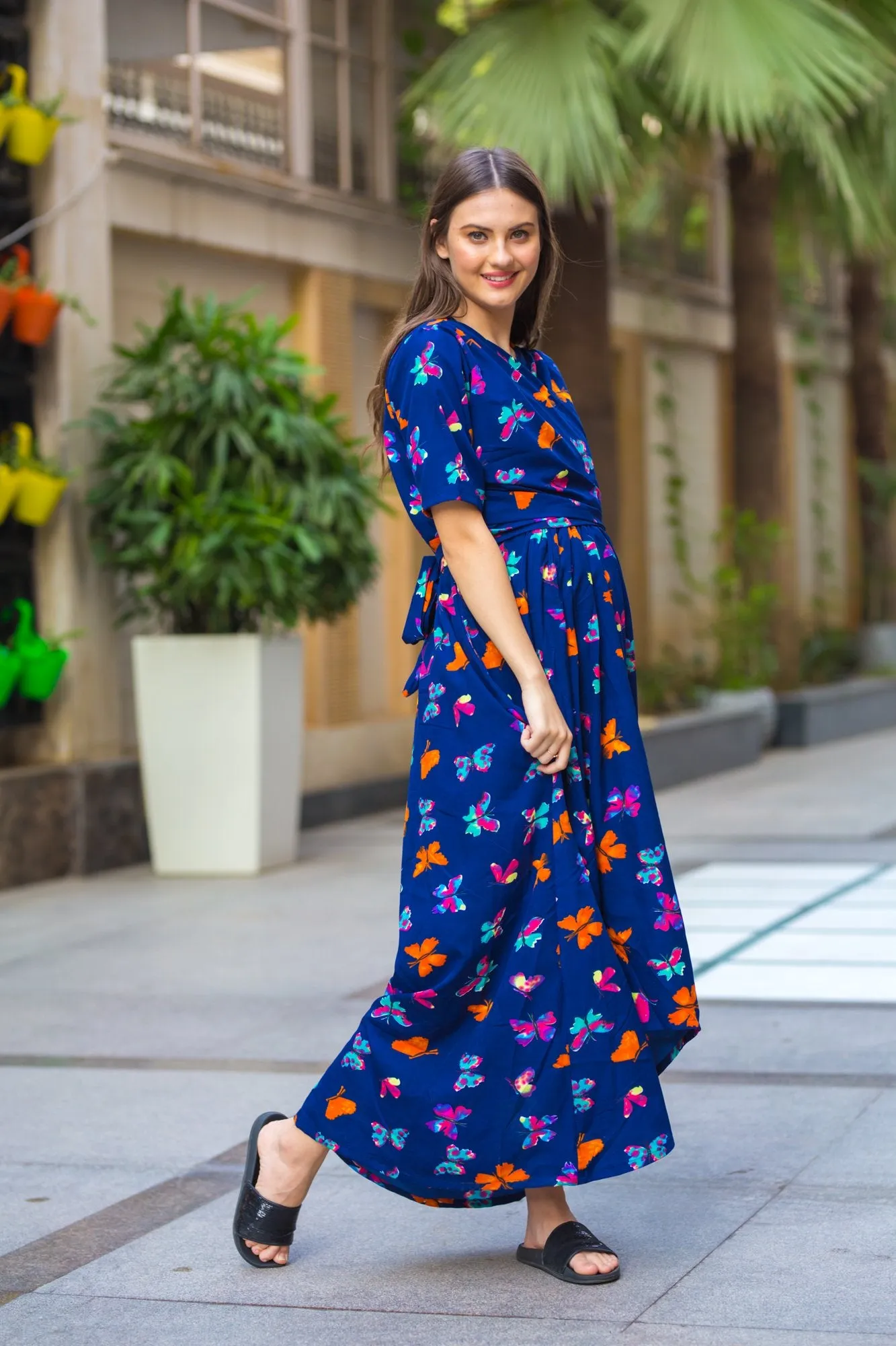 Midnight butterfly High-Low Maternity & Nursing Wrap Dress