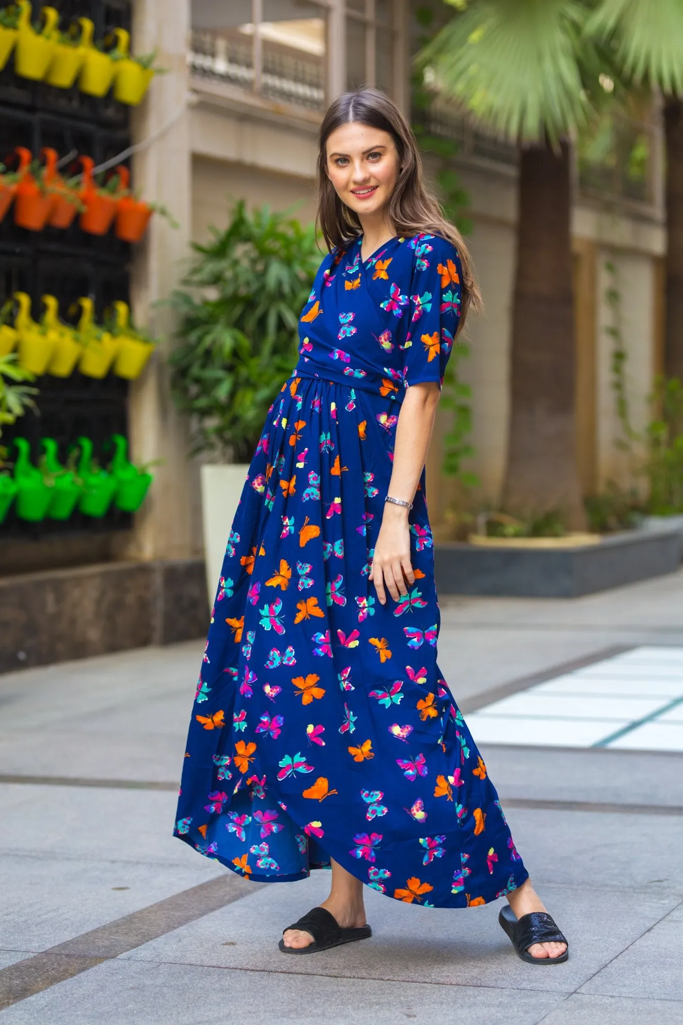 Midnight butterfly High-Low Maternity & Nursing Wrap Dress