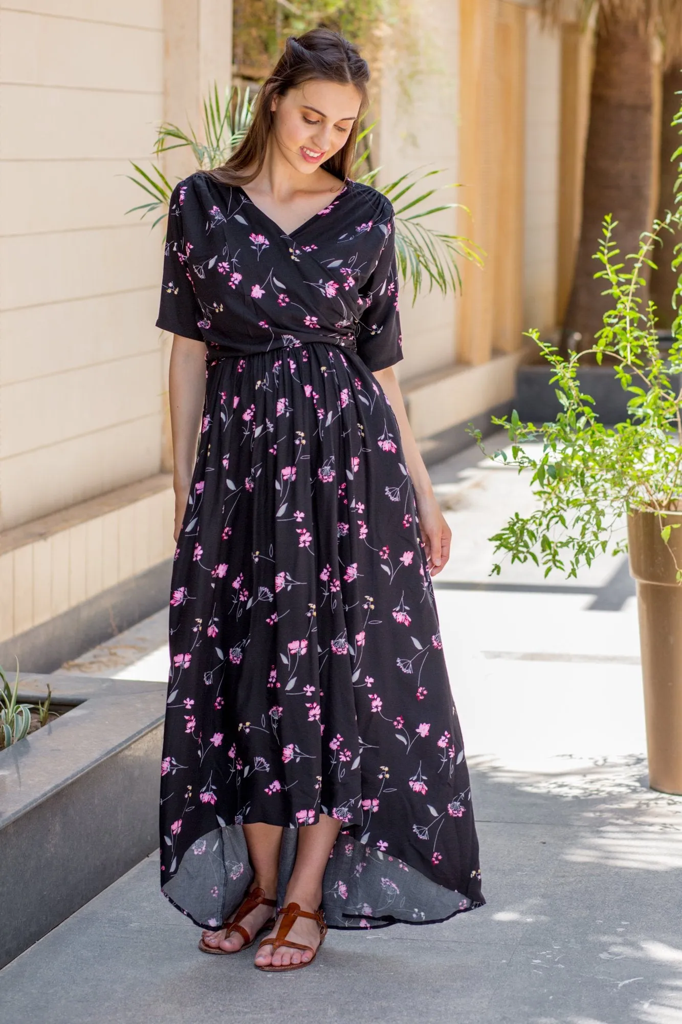 Midnight Floral High-Low Maternity & Nursing Wrap Dress