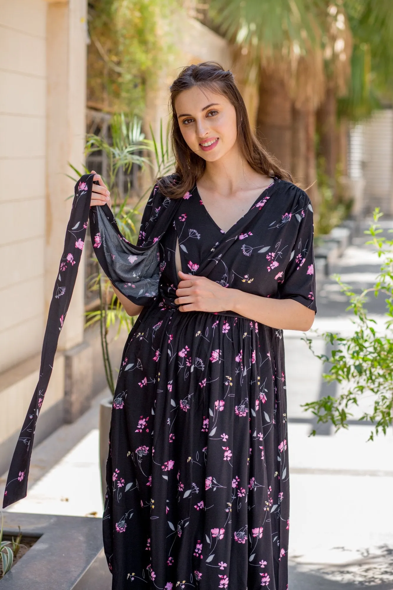 Midnight Floral High-Low Maternity & Nursing Wrap Dress