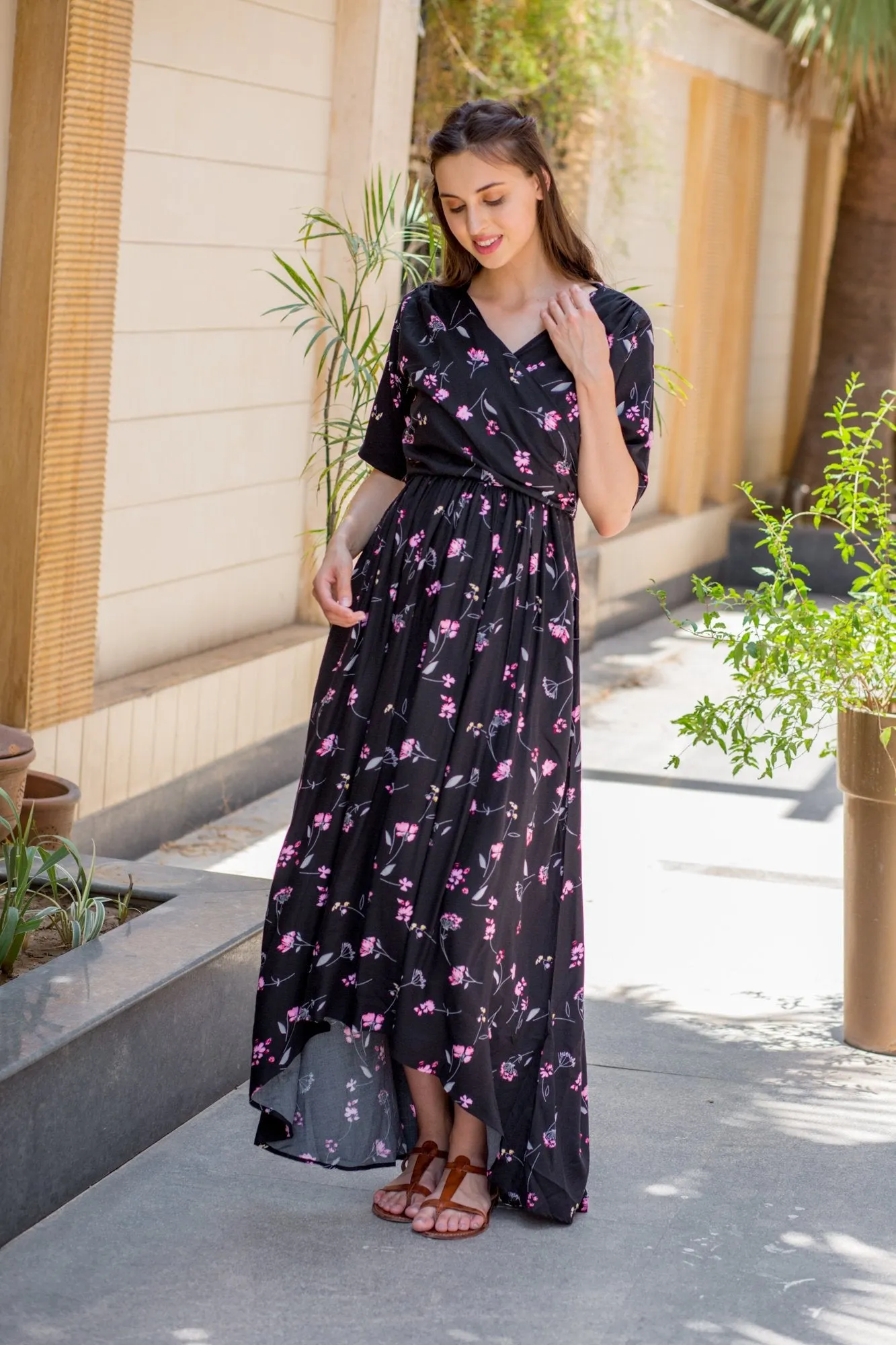 Midnight Floral High-Low Maternity & Nursing Wrap Dress