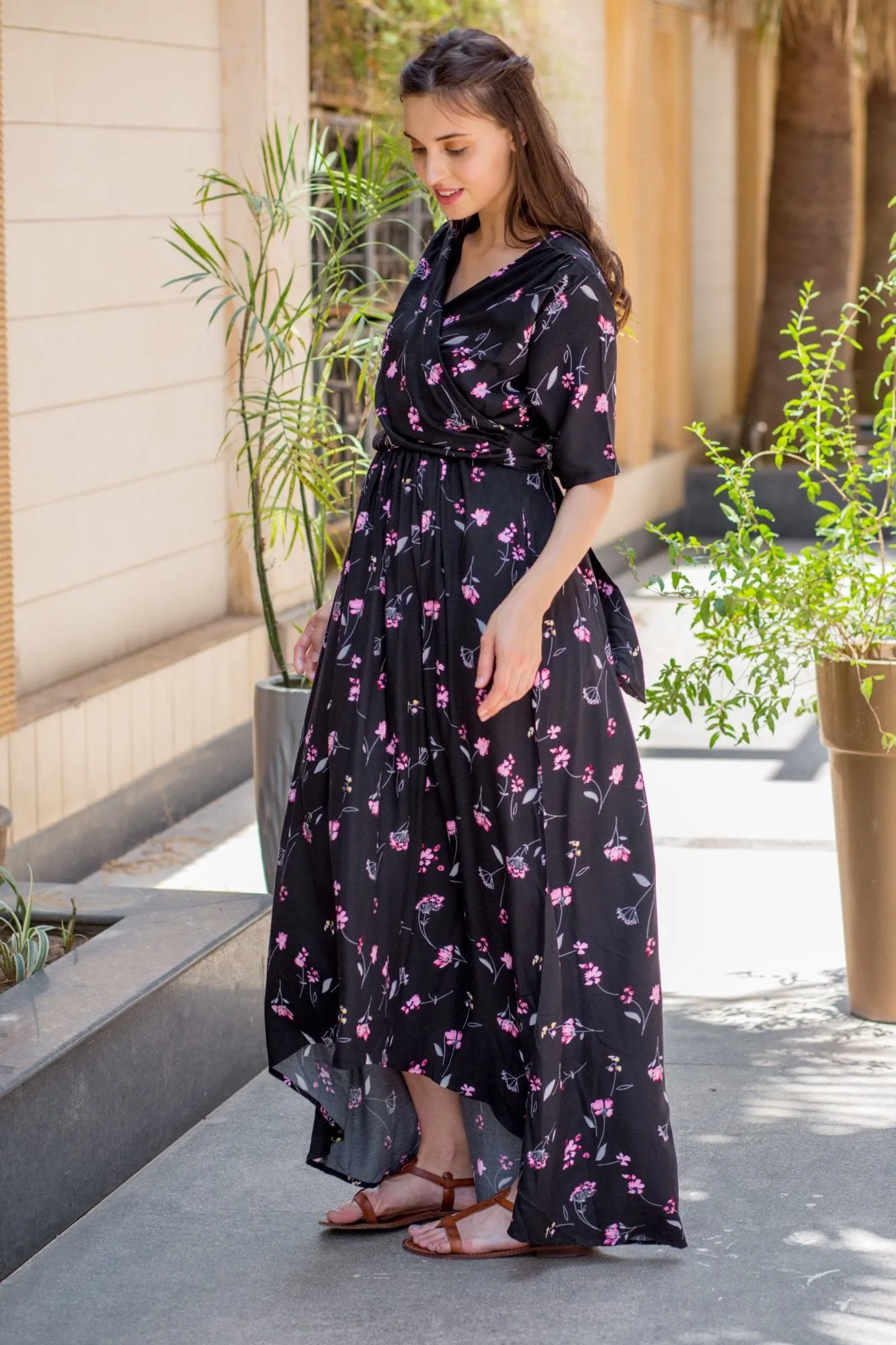 Midnight Floral High-Low Maternity & Nursing Wrap Dress