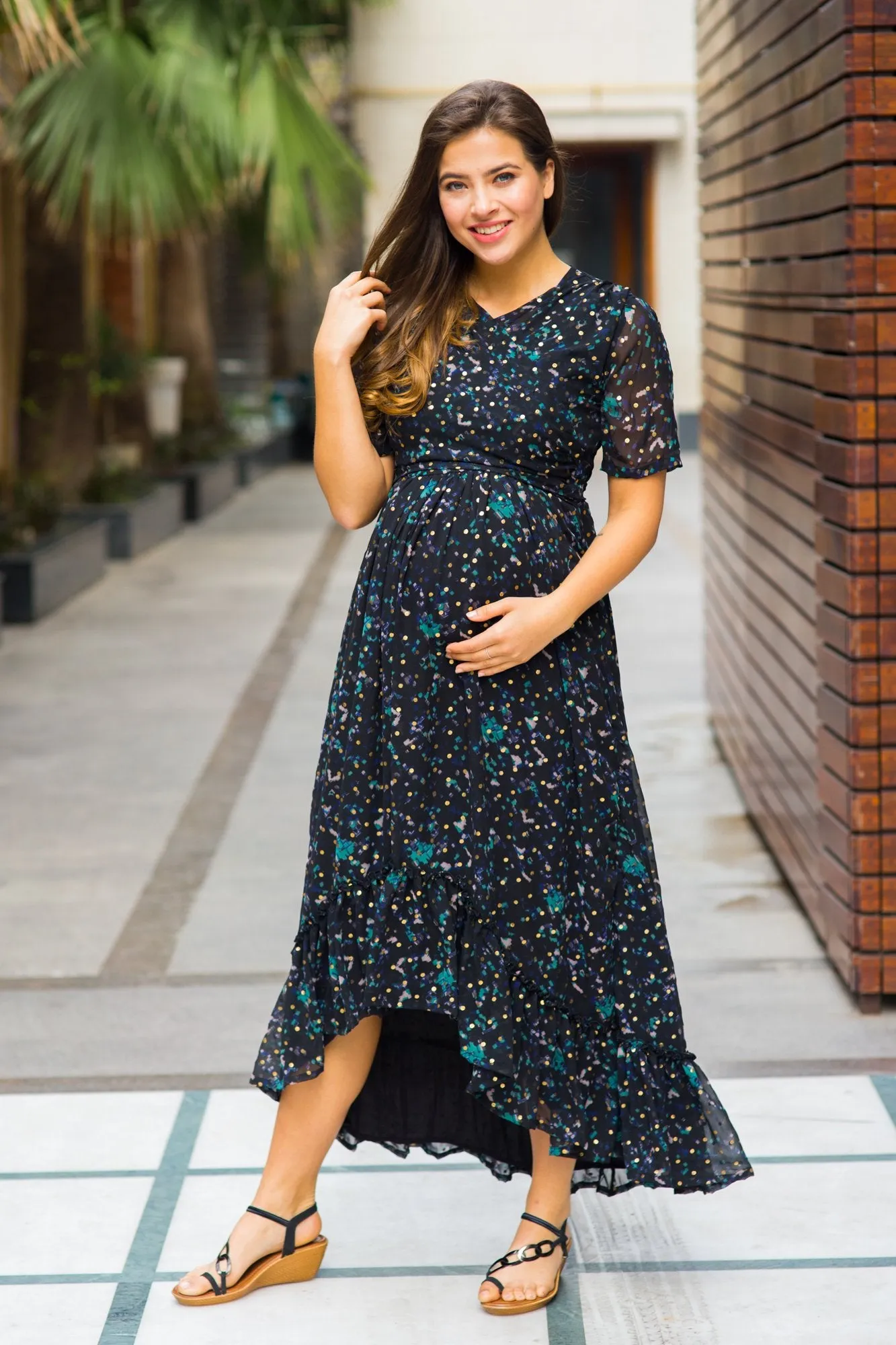 Midnight Gold Embellished Hi-Low Maternity & Nursing Wrap Dress