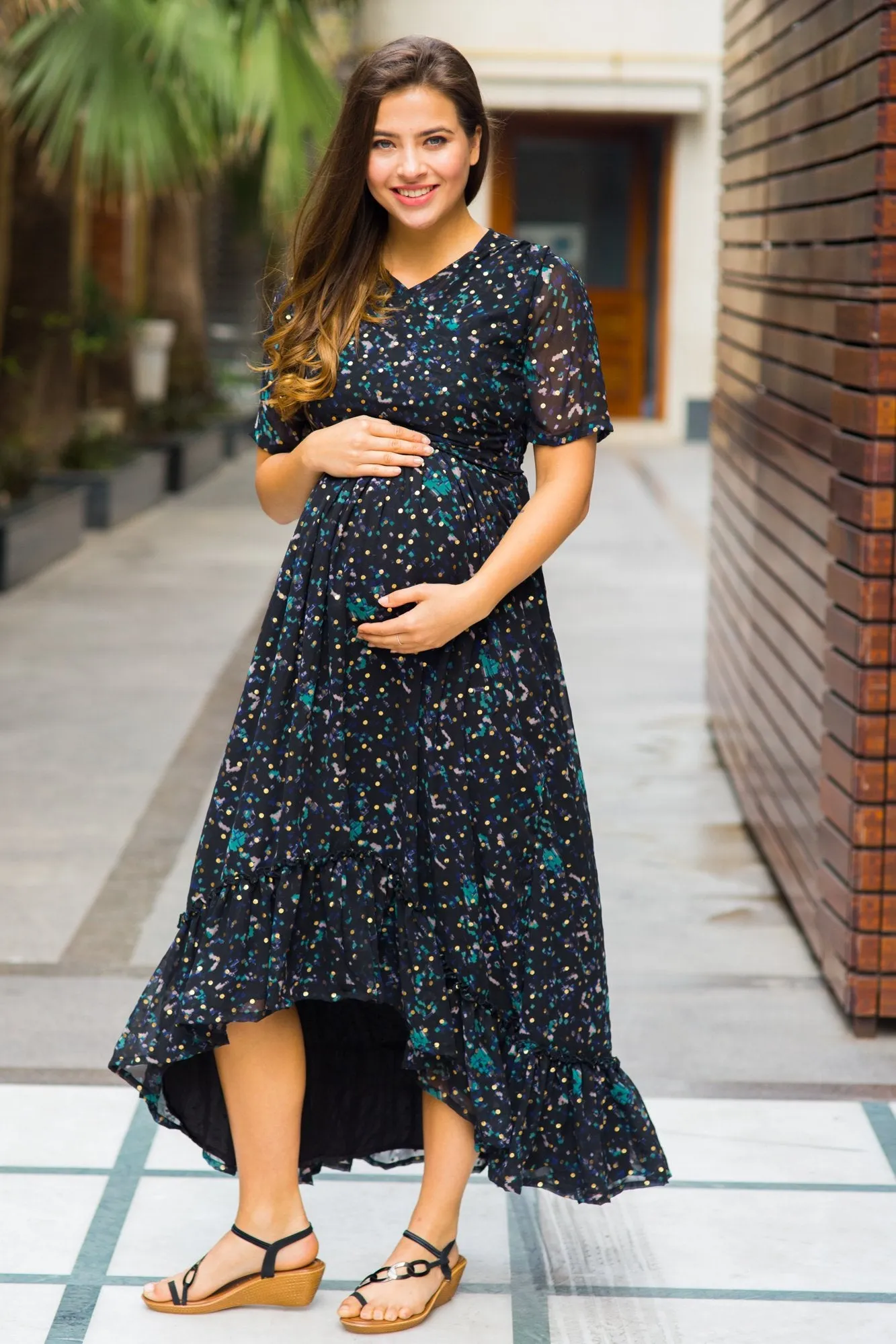 Midnight Gold Embellished Hi-Low Maternity & Nursing Wrap Dress