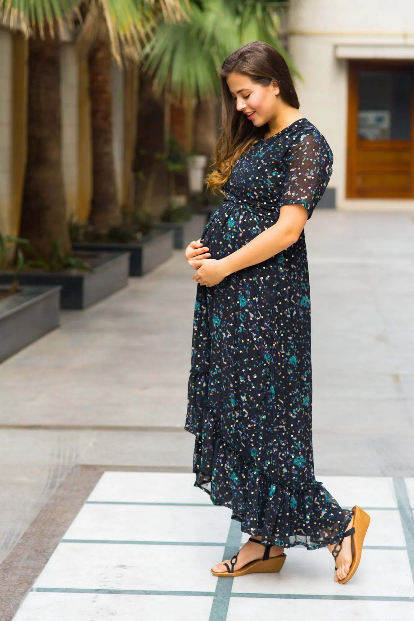 Midnight Gold Embellished Hi-Low Maternity & Nursing Wrap Dress