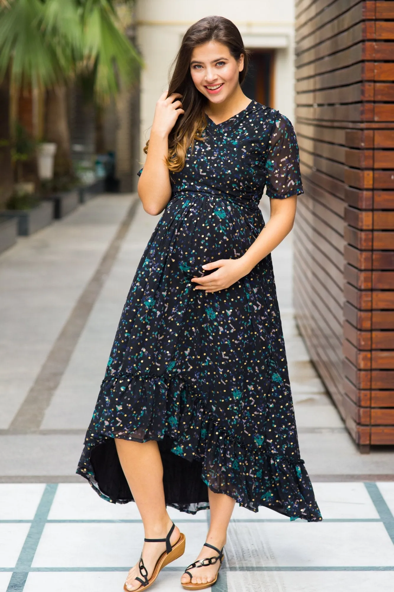 Midnight Gold Embellished Hi-Low Maternity & Nursing Wrap Dress