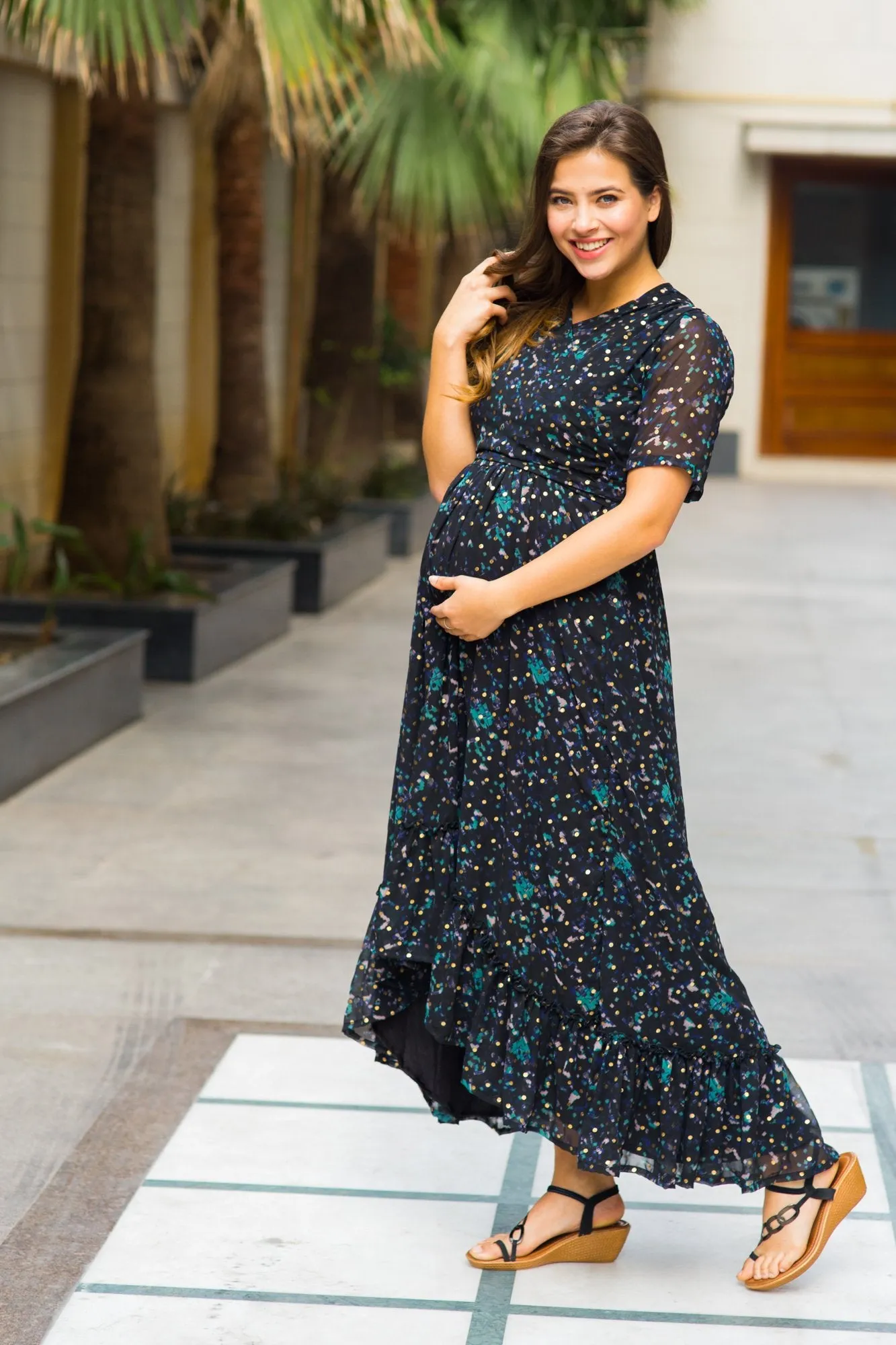 Midnight Gold Embellished Hi-Low Maternity & Nursing Wrap Dress