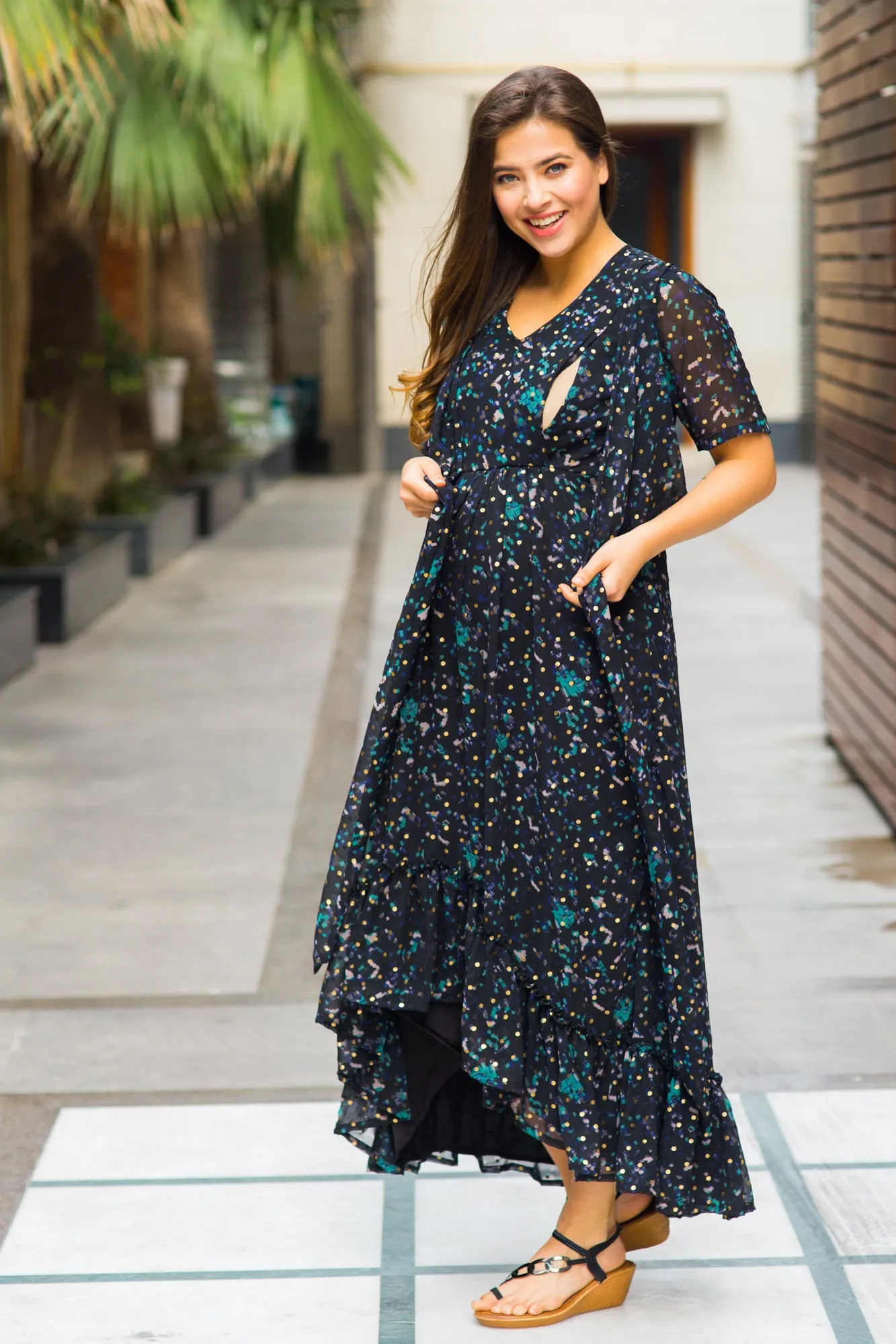 Midnight Gold Embellished Hi-Low Maternity & Nursing Wrap Dress