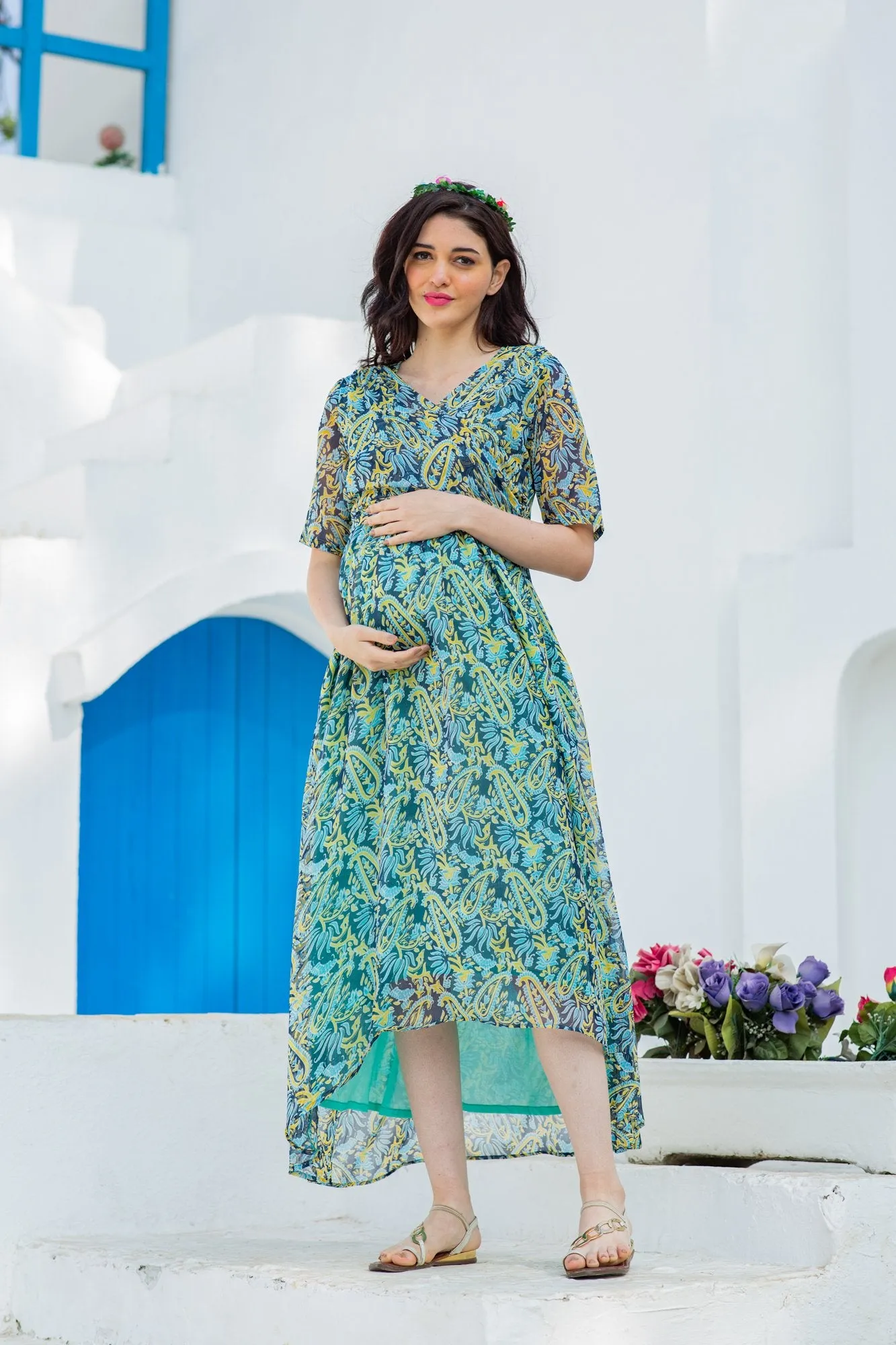 Midnight Paisley Maternity & Nursing Hi-Low Wrap Dress