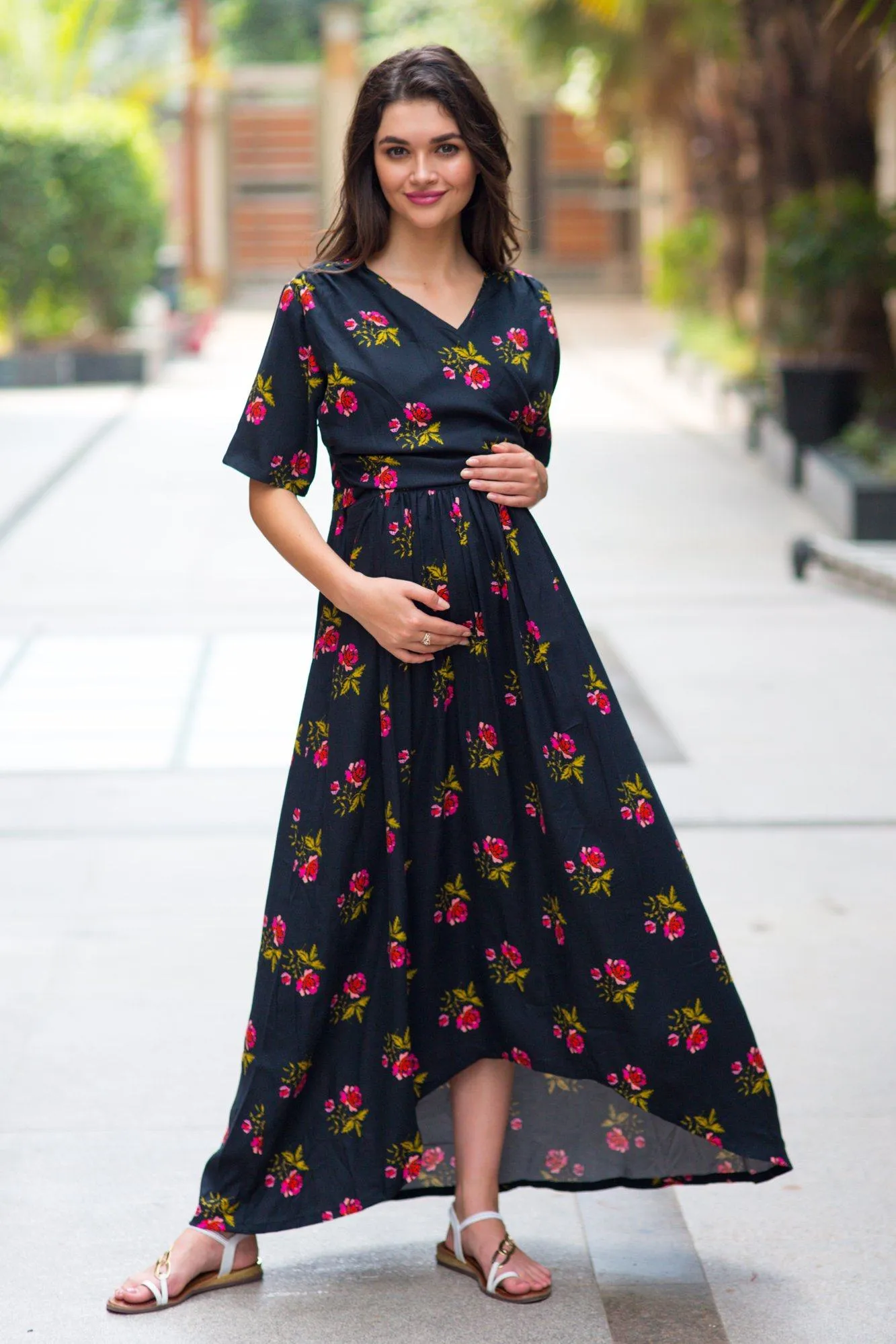 Midnight Rose High-Low Maternity & Nursing Wrap Dress