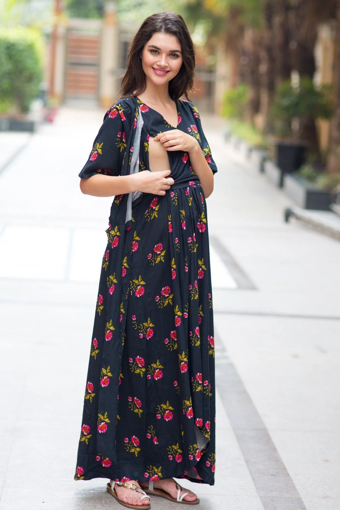 Midnight Rose High-Low Maternity & Nursing Wrap Dress