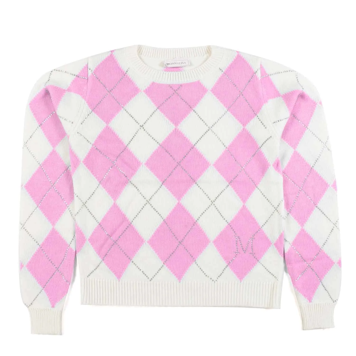 Monnalisa Cream And Pink Pullover With Rhombus