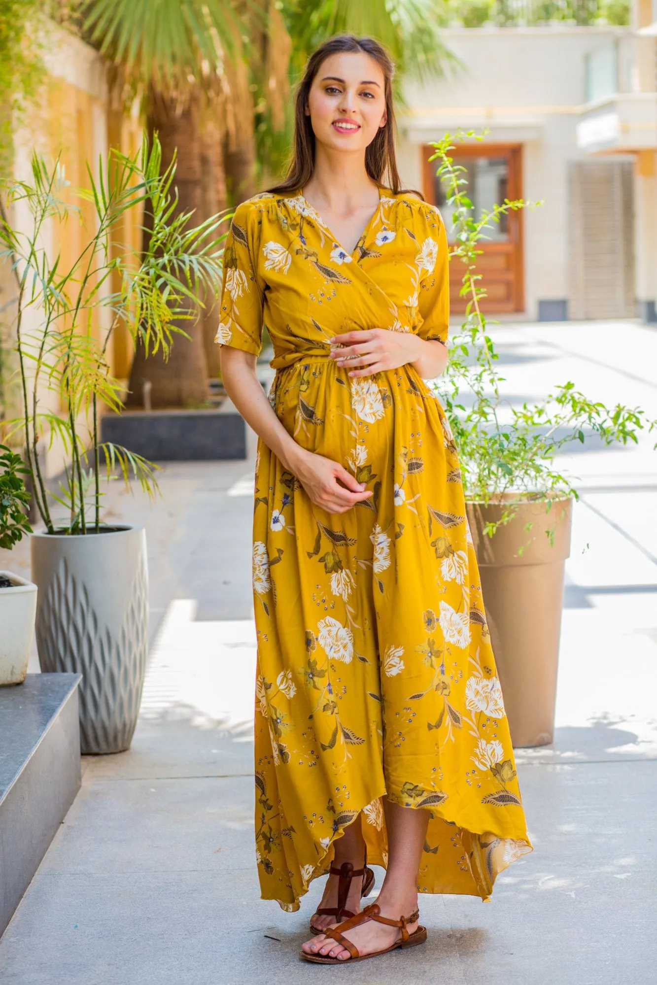 Mustard Blossom Hi-Low Maternity & Nursing Wrap Dress