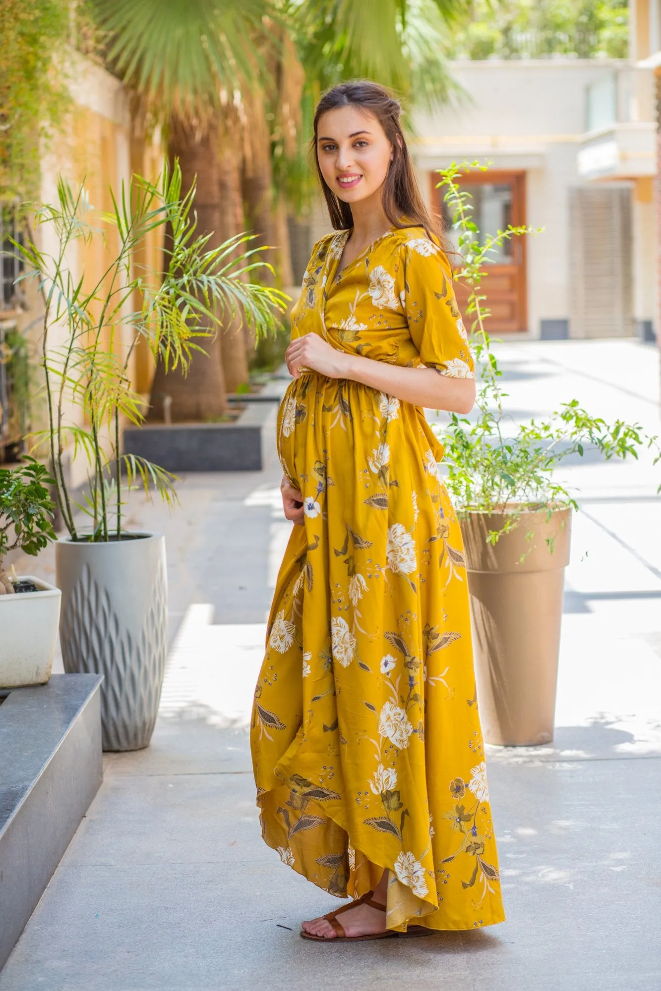 Mustard Blossom Hi-Low Maternity & Nursing Wrap Dress