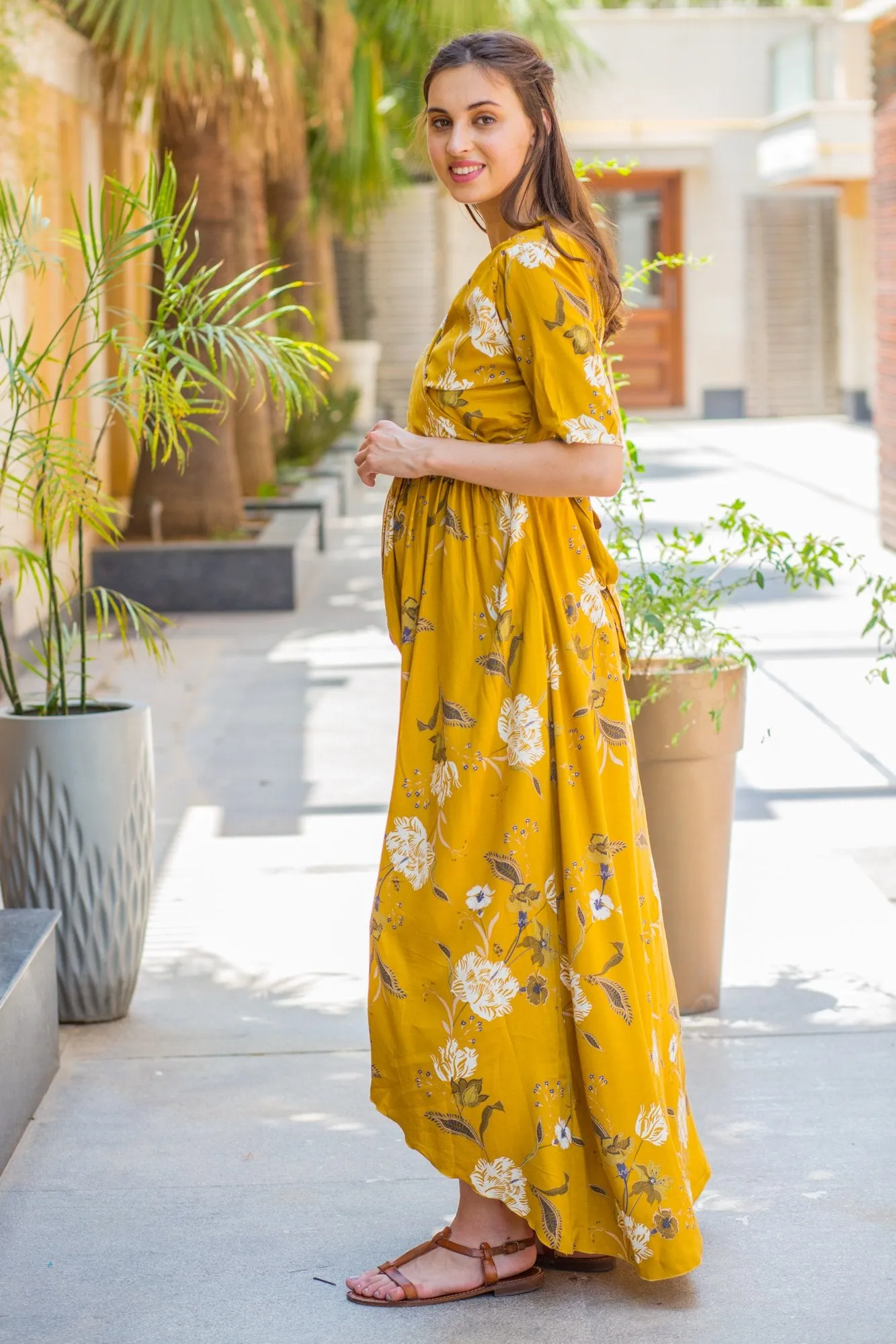 Mustard Blossom Hi-Low Maternity & Nursing Wrap Dress