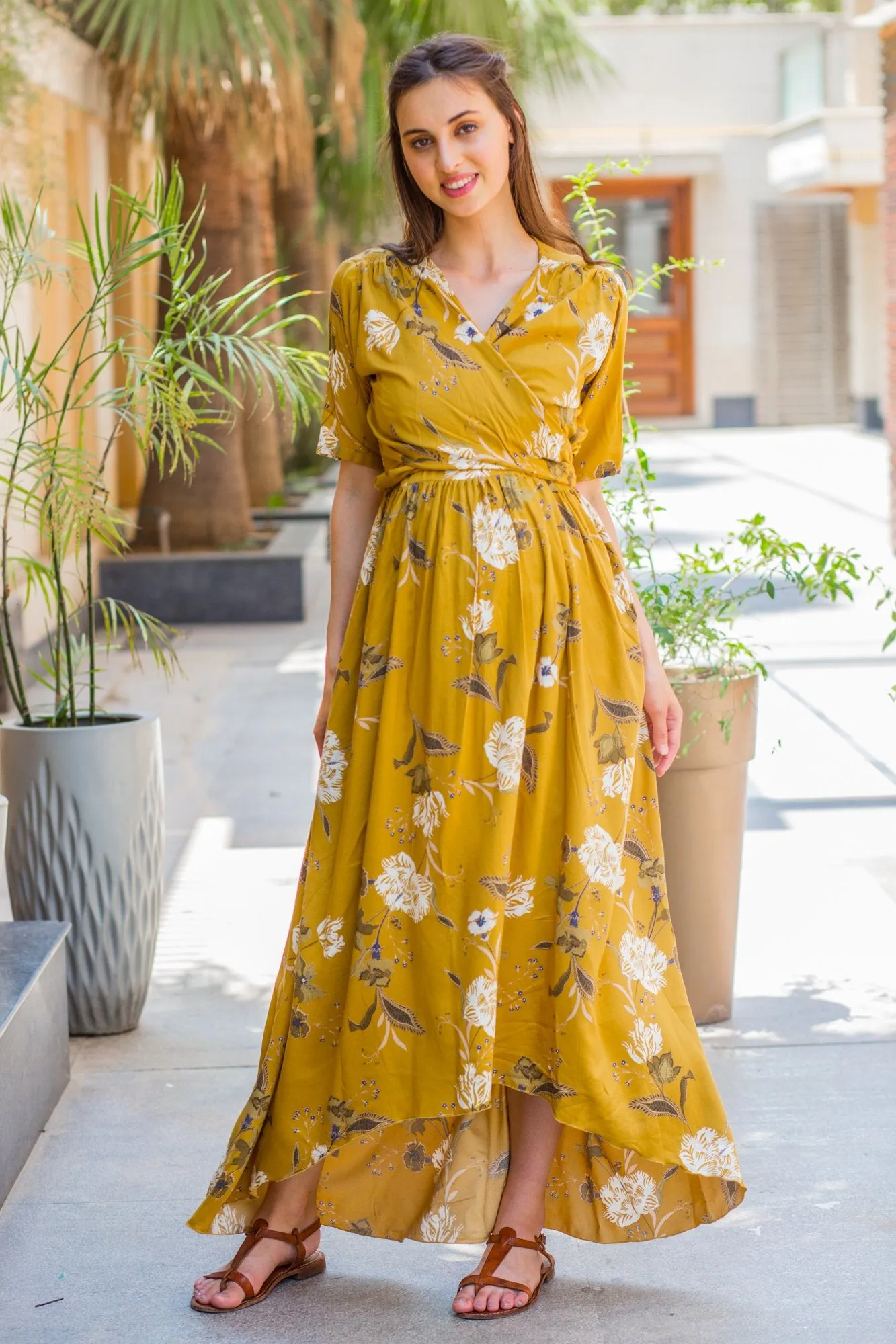 Mustard Blossom Hi-Low Maternity & Nursing Wrap Dress