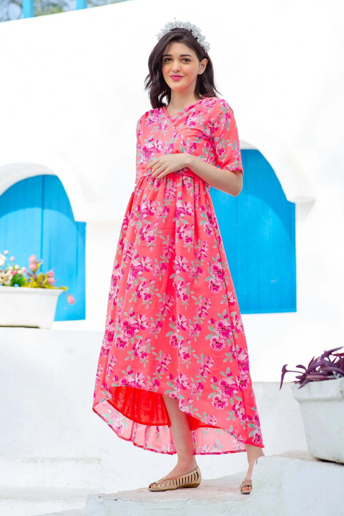 Neon Pink  Paradise Maternity & Nursing Hi-Low Wrap Dress