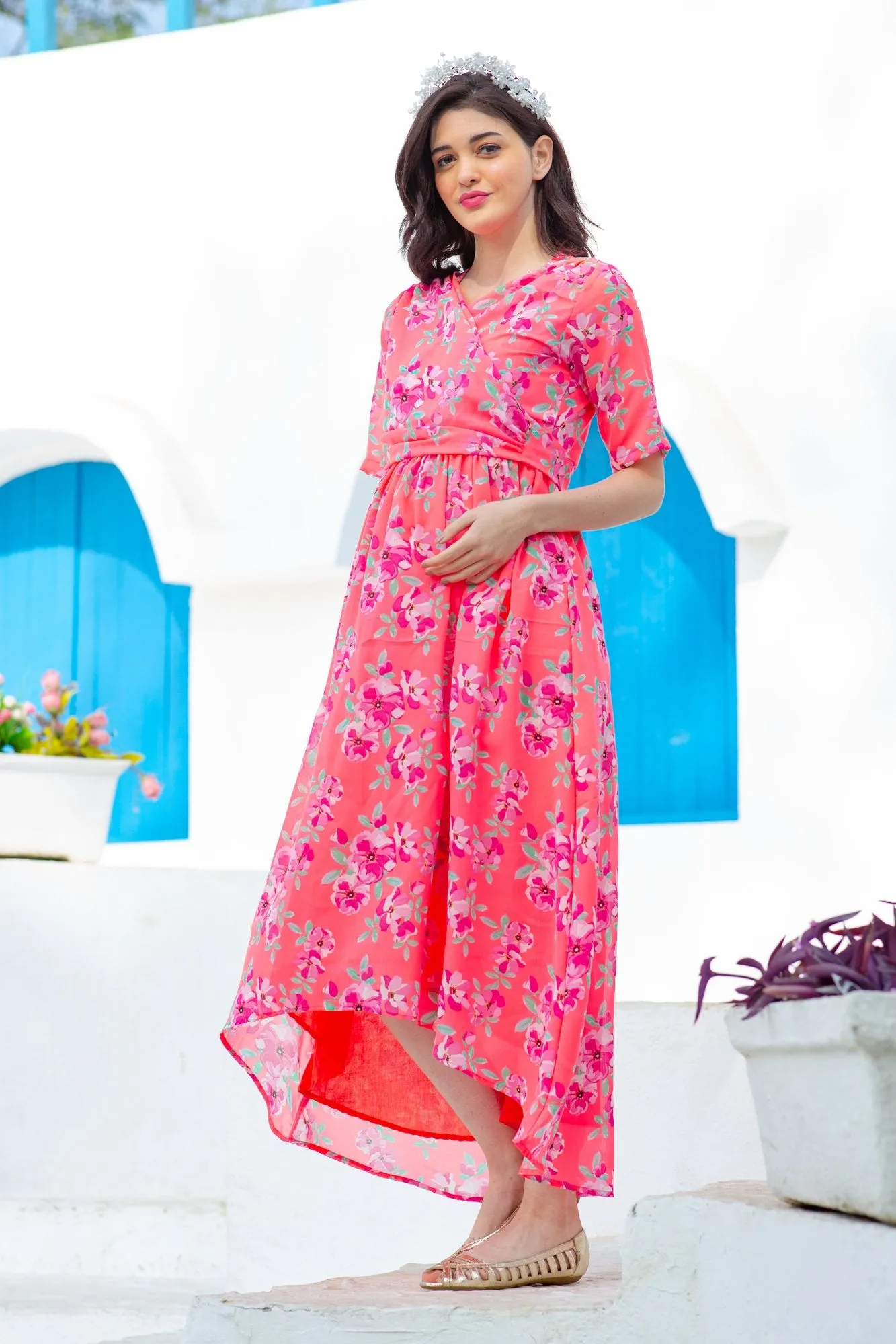 Neon Pink  Paradise Maternity & Nursing Hi-Low Wrap Dress