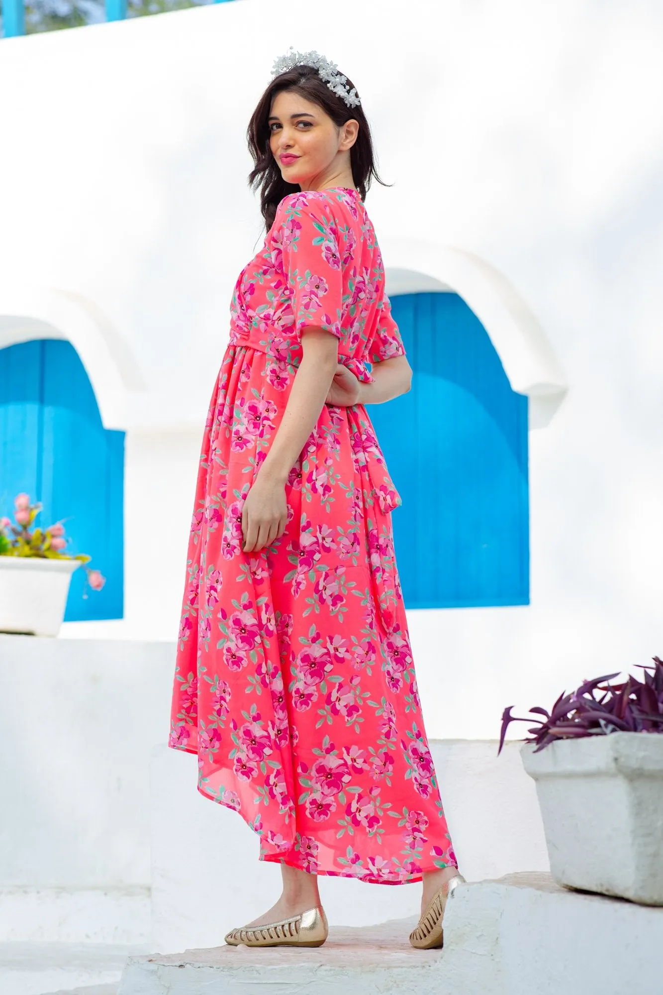 Neon Pink  Paradise Maternity & Nursing Hi-Low Wrap Dress