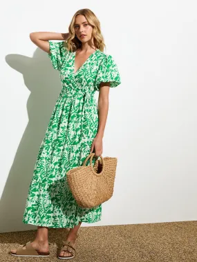 New Look Green Abstract Print Puff Sleeve Wrap Midi Dress