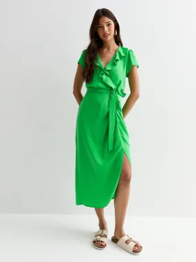 New Look Green Wrap-front Frill-trim Belted Midi Dress