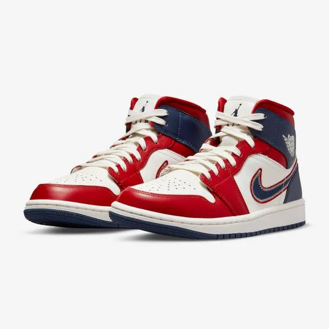 Nike women's air jordan 1 mid se (usa 2022/ gym red/ sail/ light iron ore/ midnight navy blue) sizes