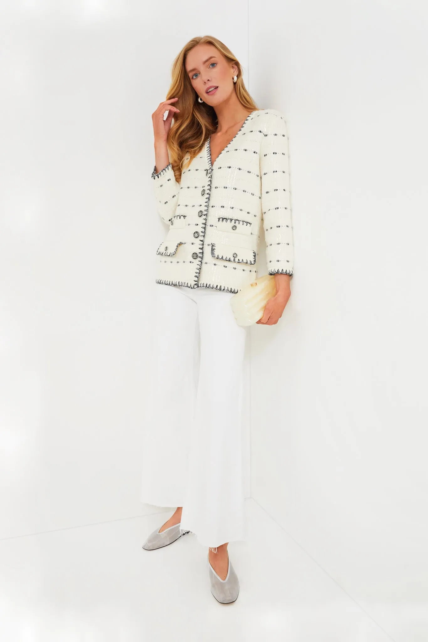 Off White and Navy Ceriani Knit Jacket with Sequins