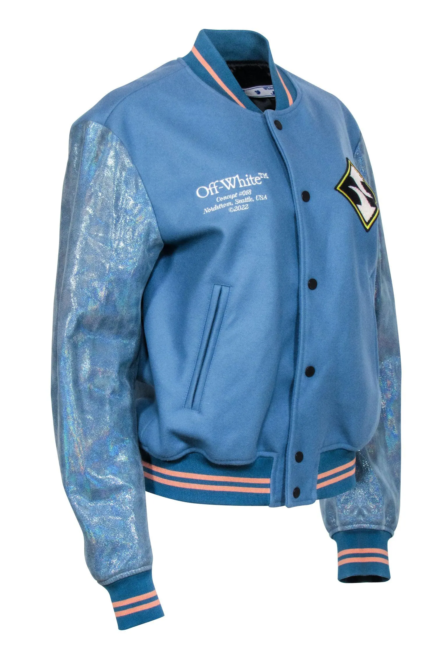 Off-White - Blue & Iridescent Letterman Style Jacket Sz S