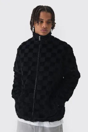 Oversized Faux Fur Check Funnel Neck Jacket In Black