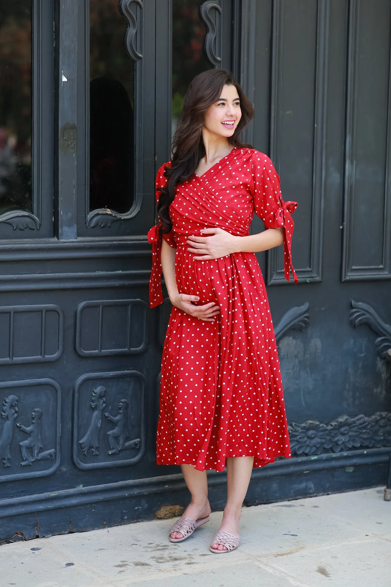 Paradise Cherry Dotted Maternity & Nursing Midi Wrap Dress