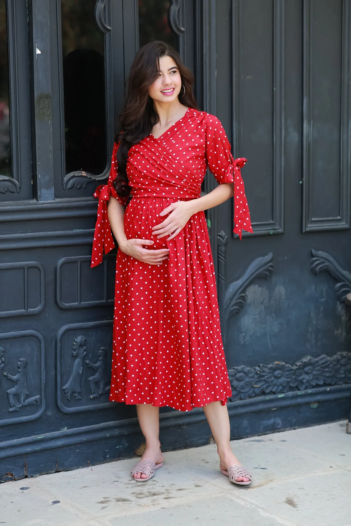 Paradise Cherry Dotted Maternity & Nursing Midi Wrap Dress