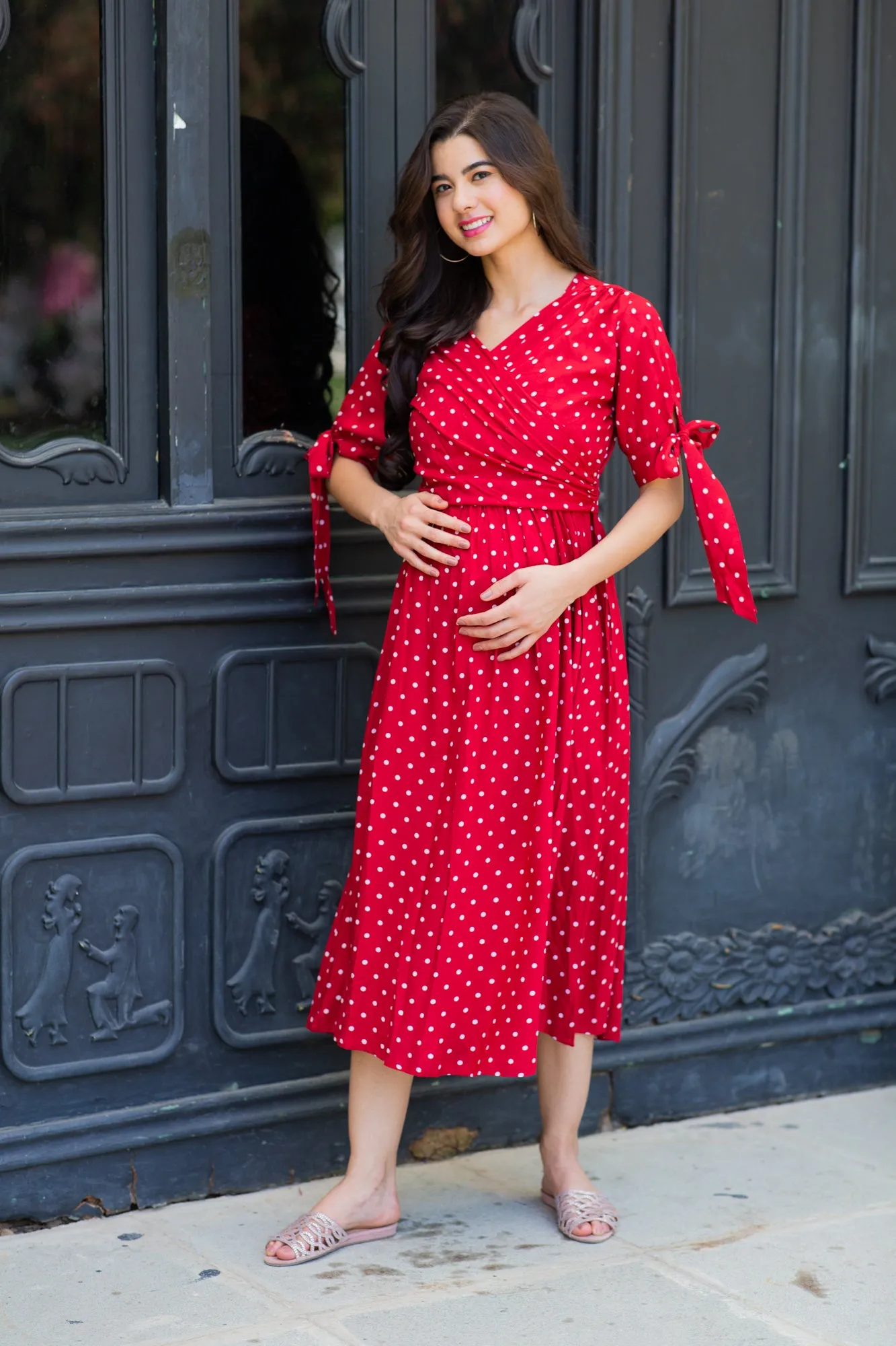 Paradise Cherry Dotted Maternity & Nursing Midi Wrap Dress