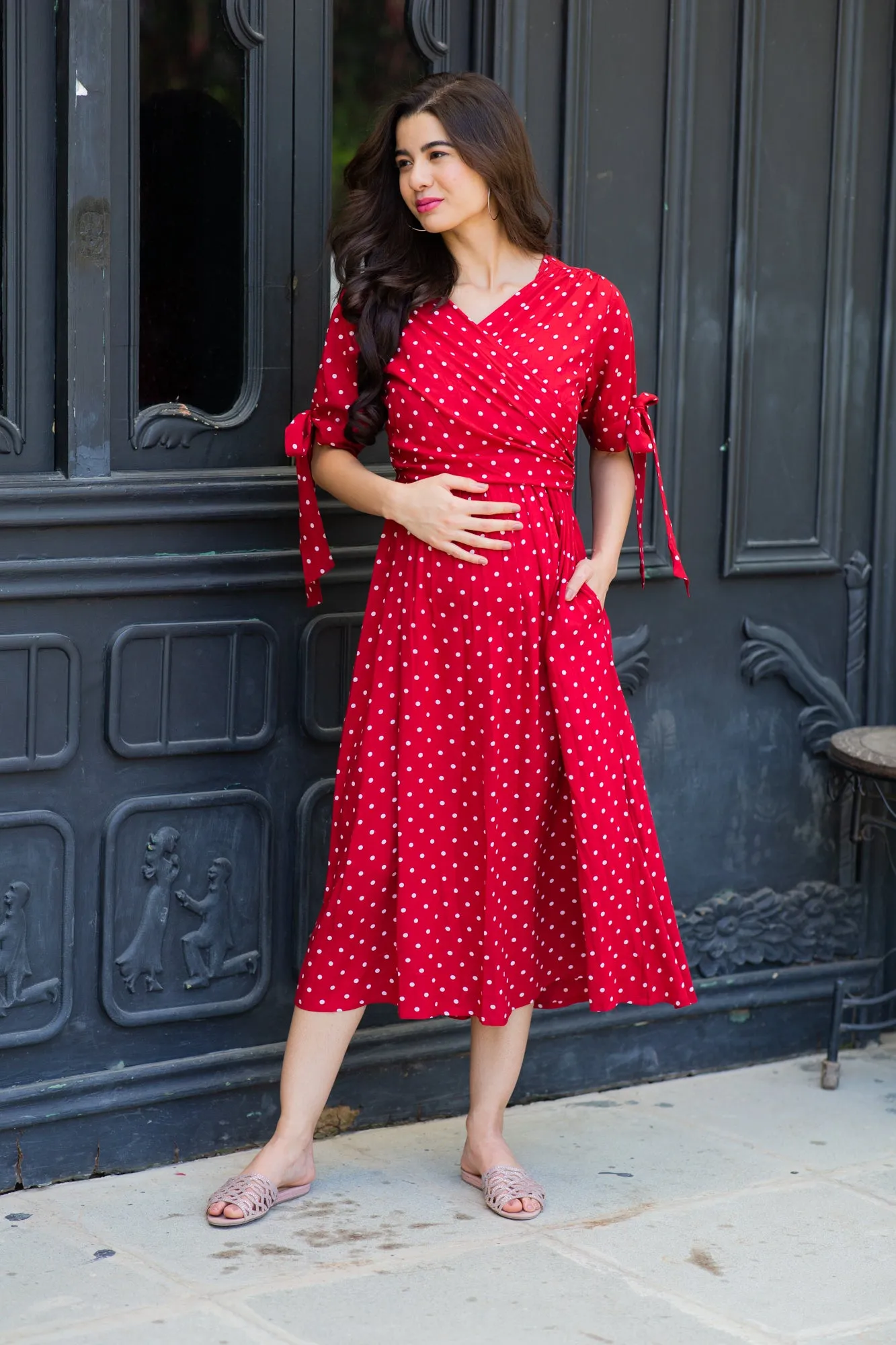 Paradise Cherry Dotted Maternity & Nursing Midi Wrap Dress