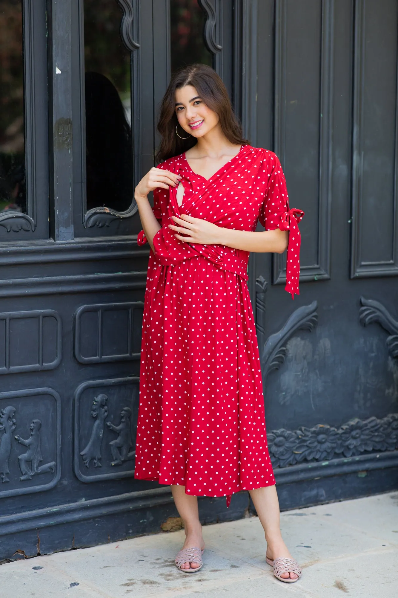 Paradise Cherry Dotted Maternity & Nursing Midi Wrap Dress