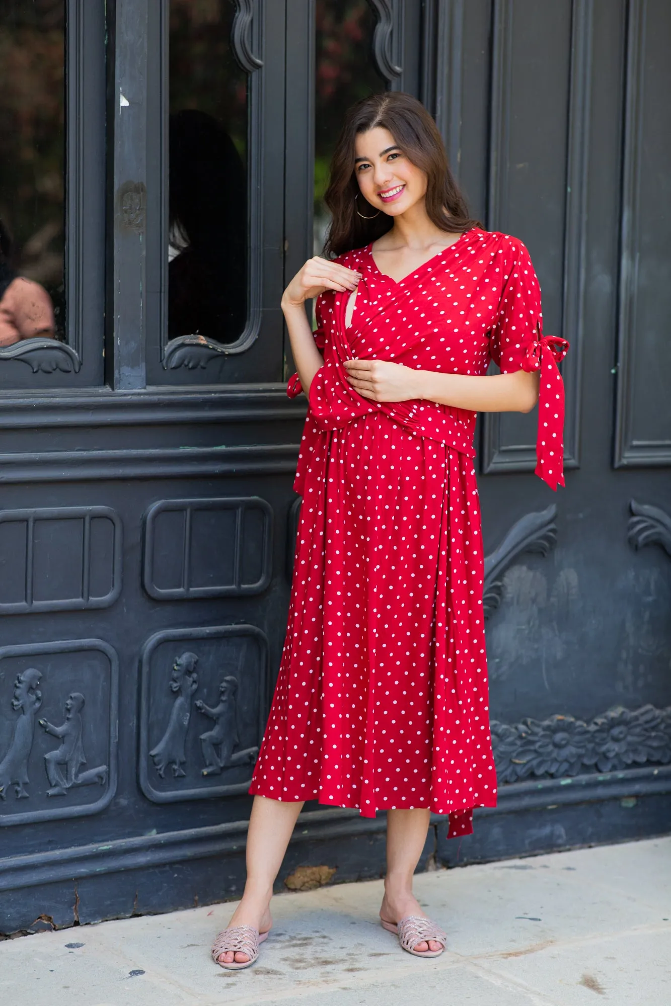 Paradise Cherry Dotted Maternity & Nursing Midi Wrap Dress