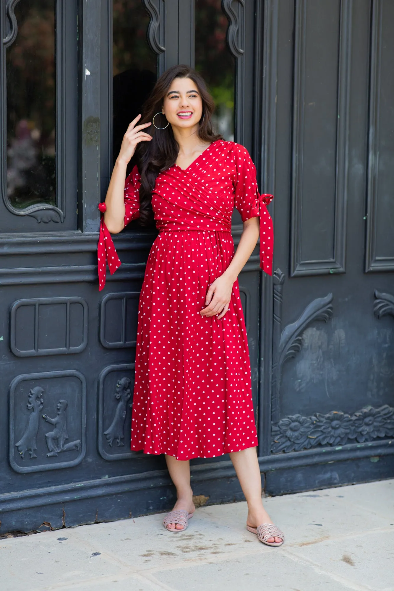 Paradise Cherry Dotted Maternity & Nursing Midi Wrap Dress