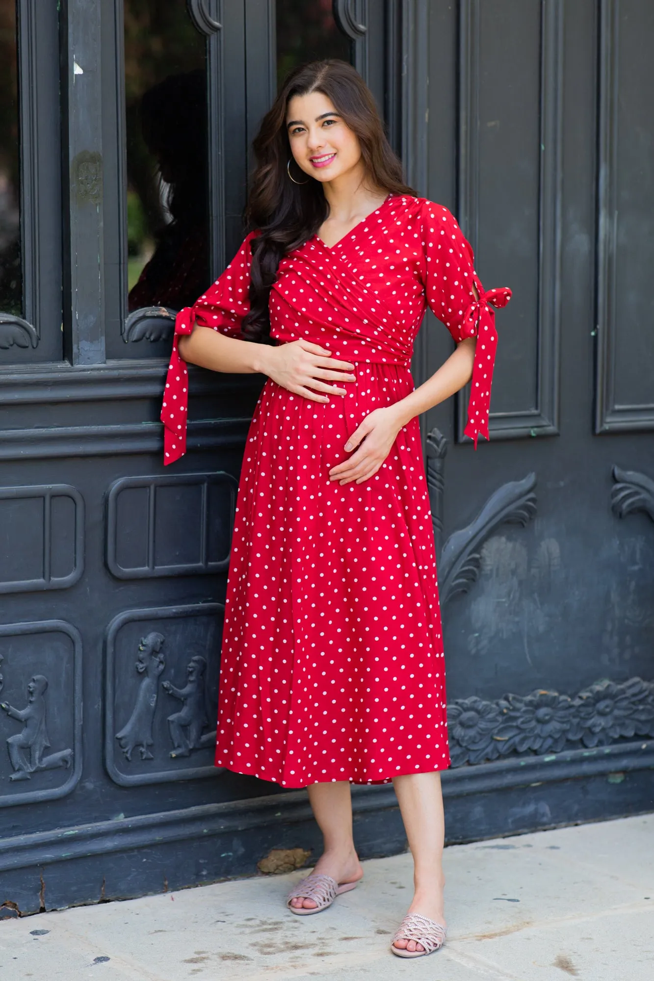 Paradise Cherry Dotted Maternity & Nursing Midi Wrap Dress