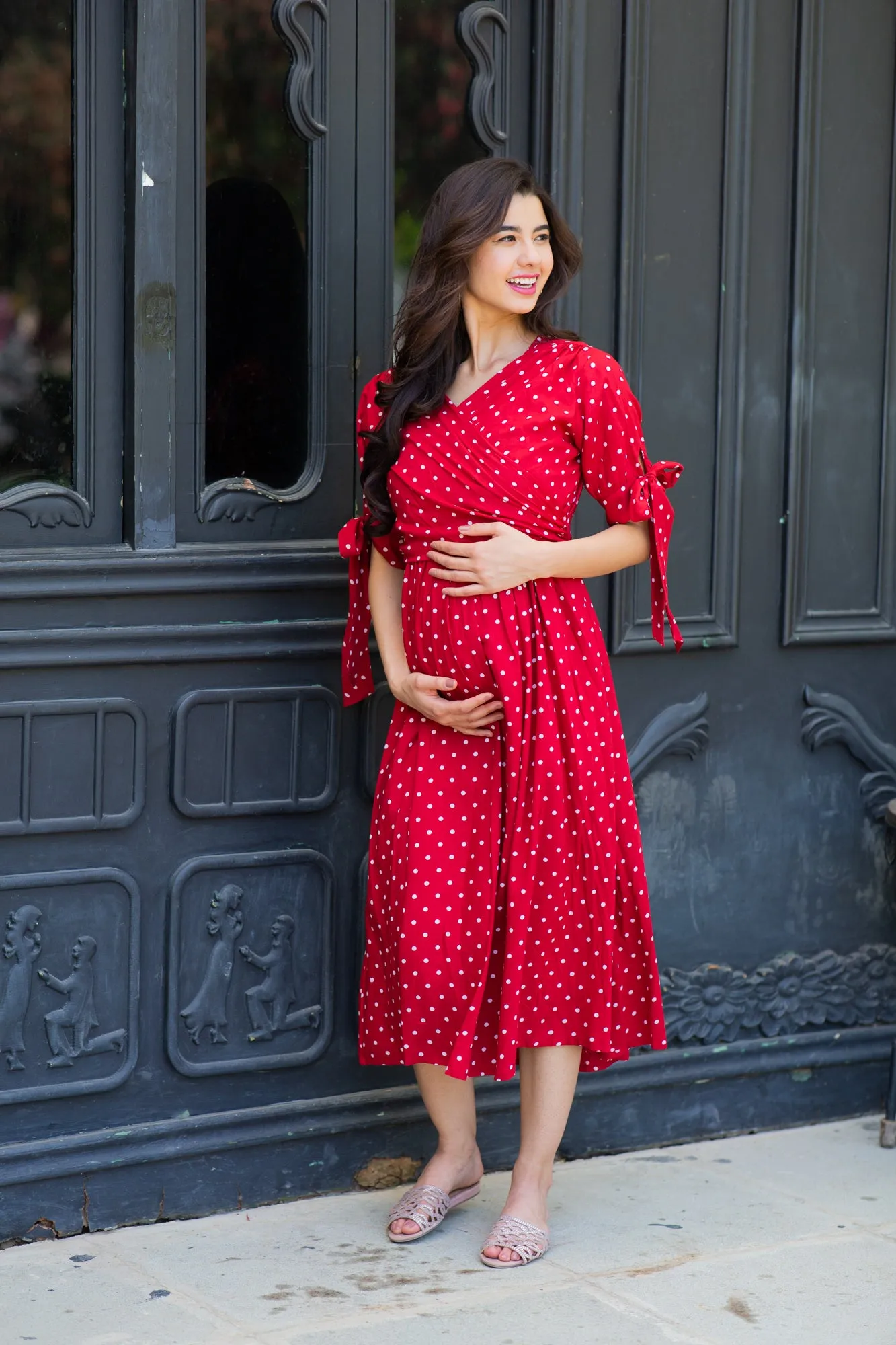 Paradise Cherry Dotted Maternity & Nursing Midi Wrap Dress