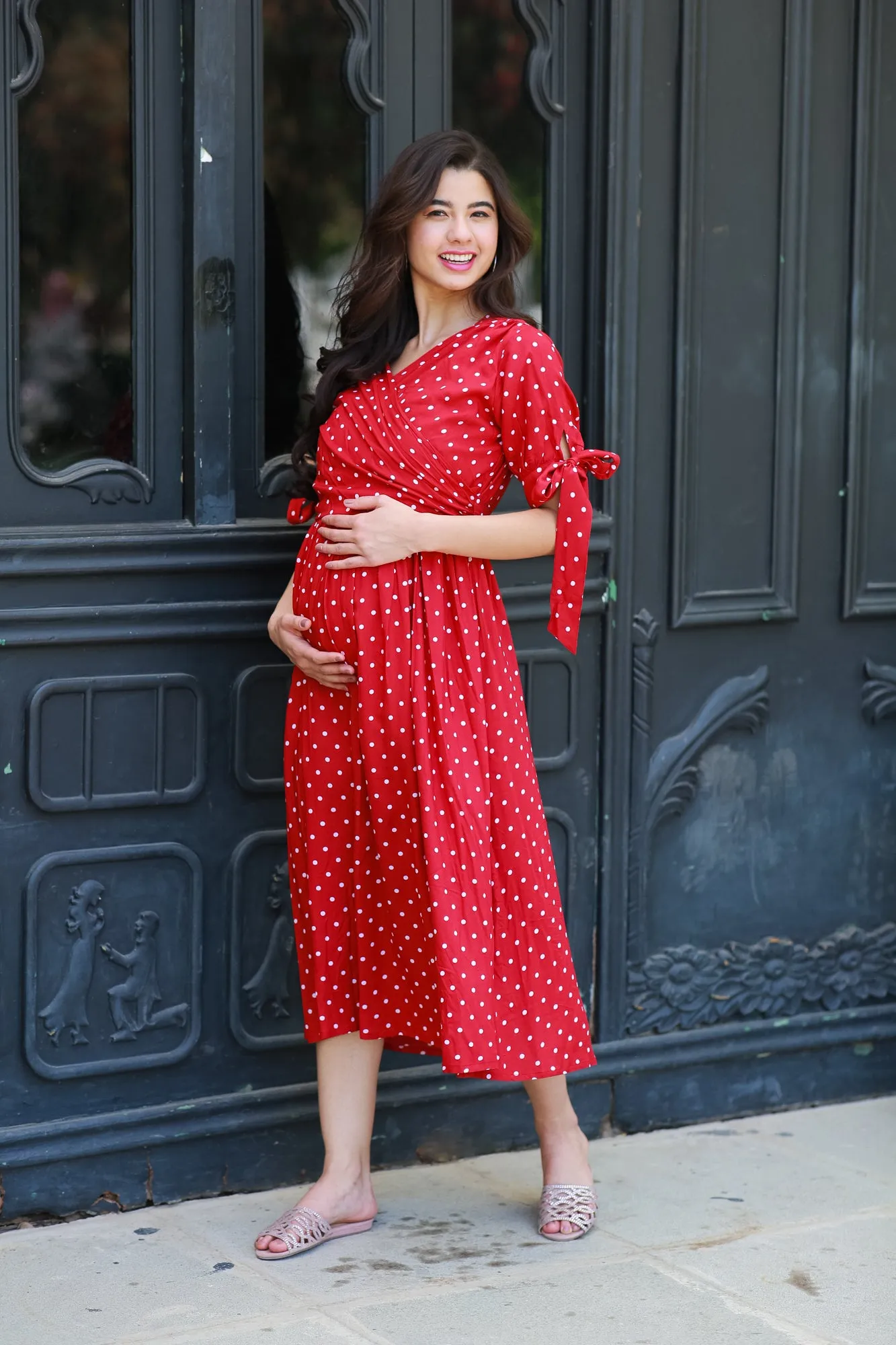 Paradise Cherry Dotted Maternity & Nursing Midi Wrap Dress