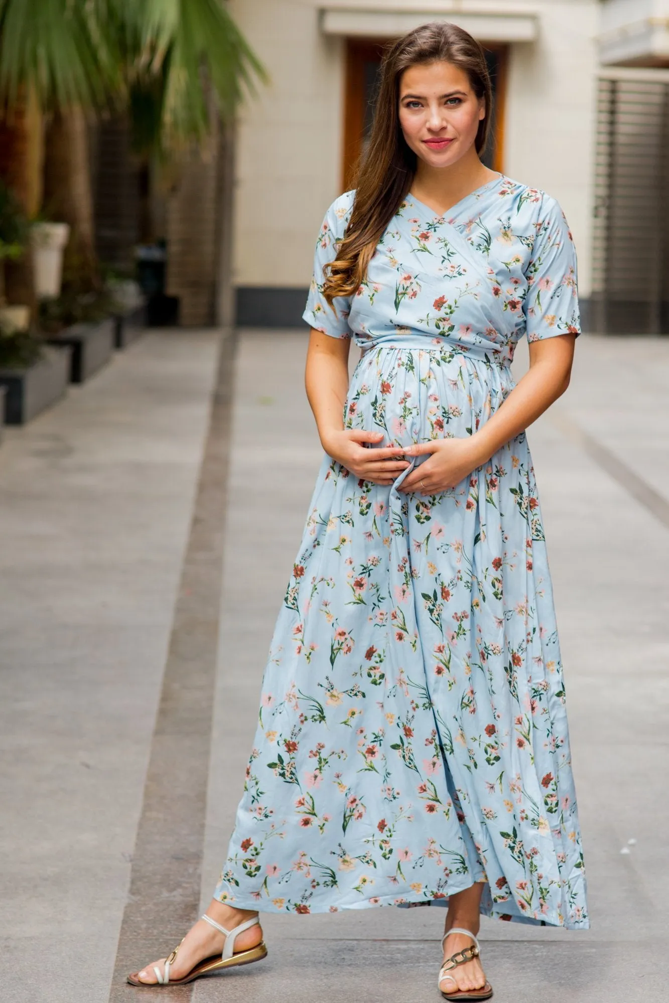 Pastel Blue Blossom Maternity & Nursing Wrap Dress