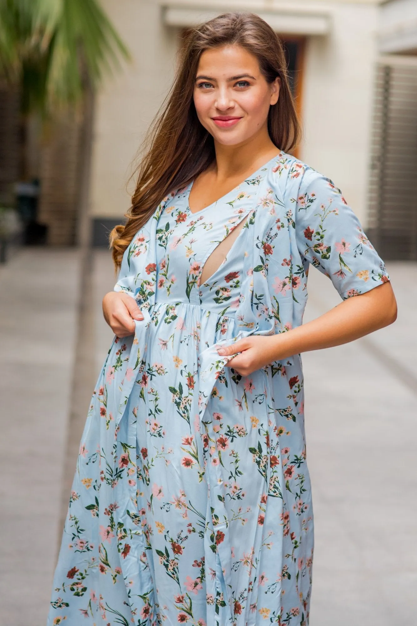 Pastel Blue Blossom Maternity & Nursing Wrap Dress