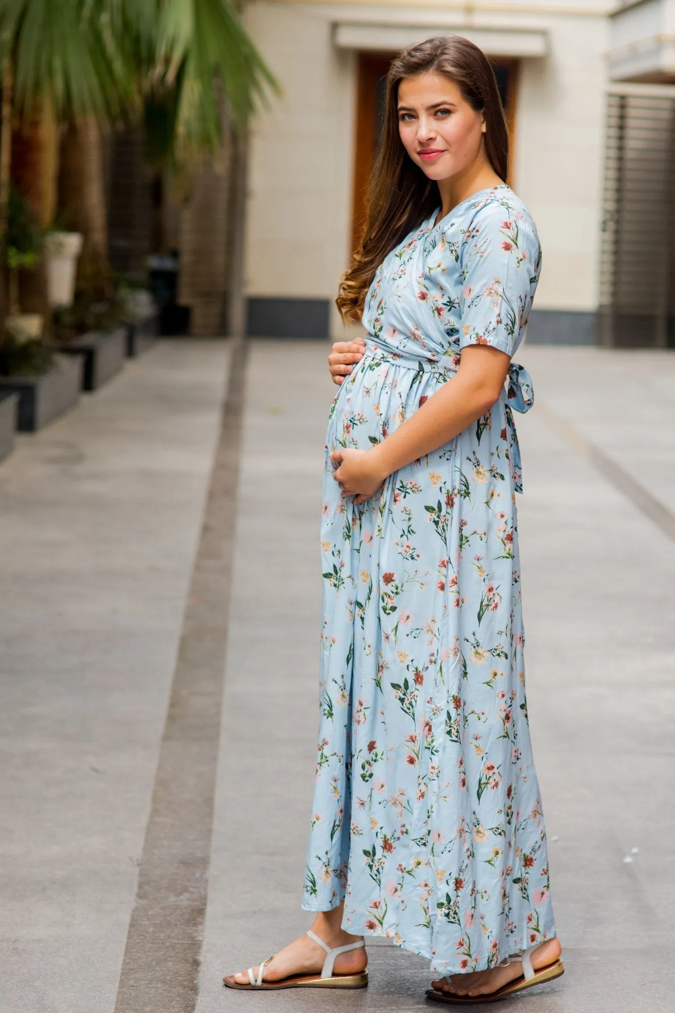 Pastel Blue Blossom Maternity & Nursing Wrap Dress