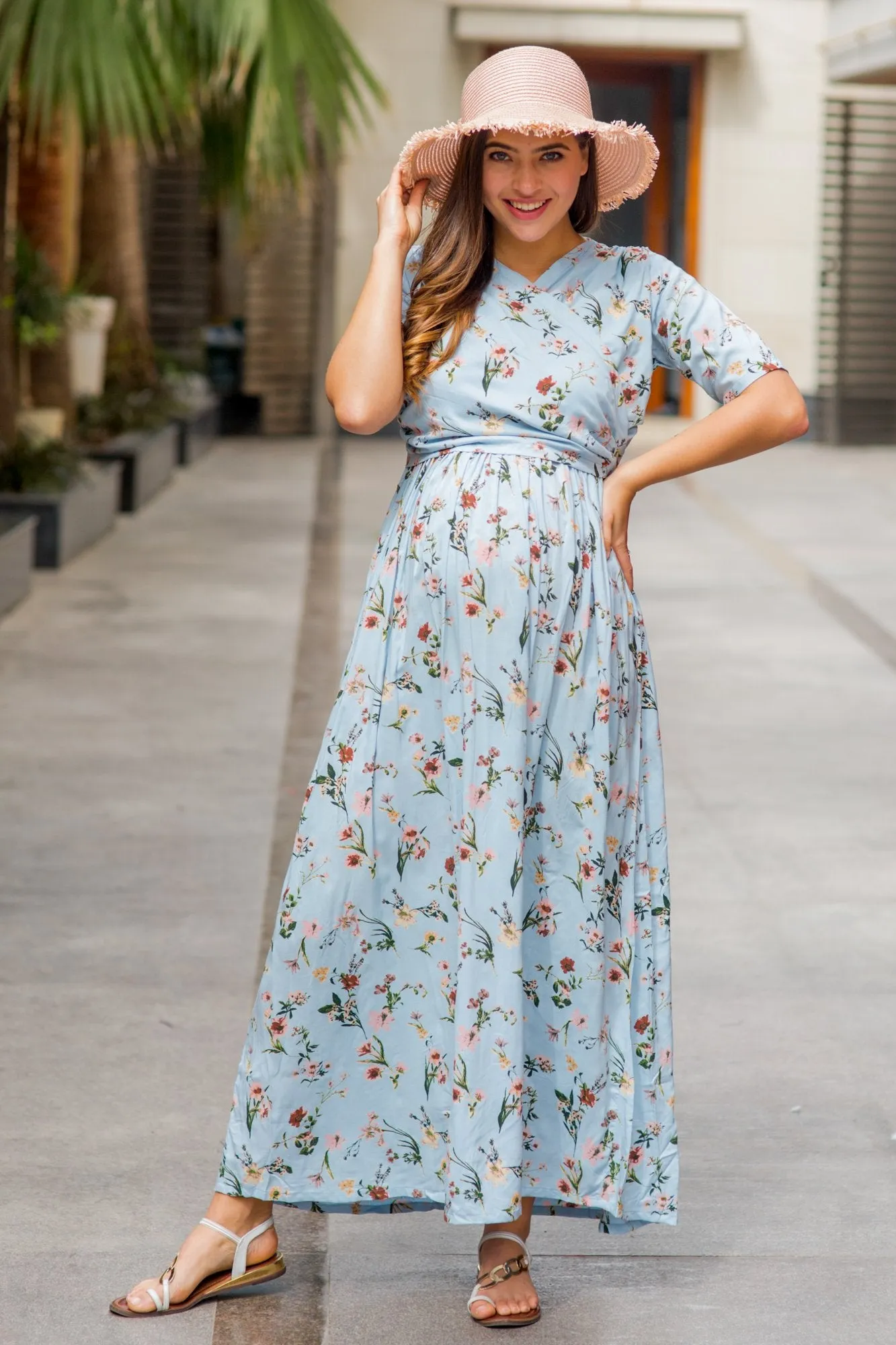 Pastel Blue Blossom Maternity & Nursing Wrap Dress