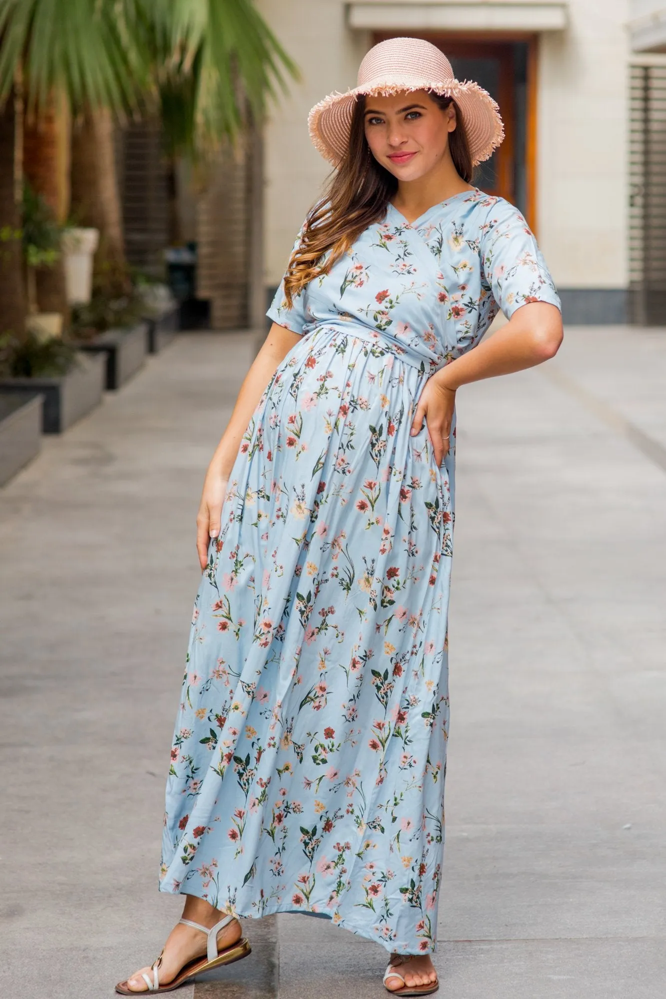 Pastel Blue Blossom Maternity & Nursing Wrap Dress