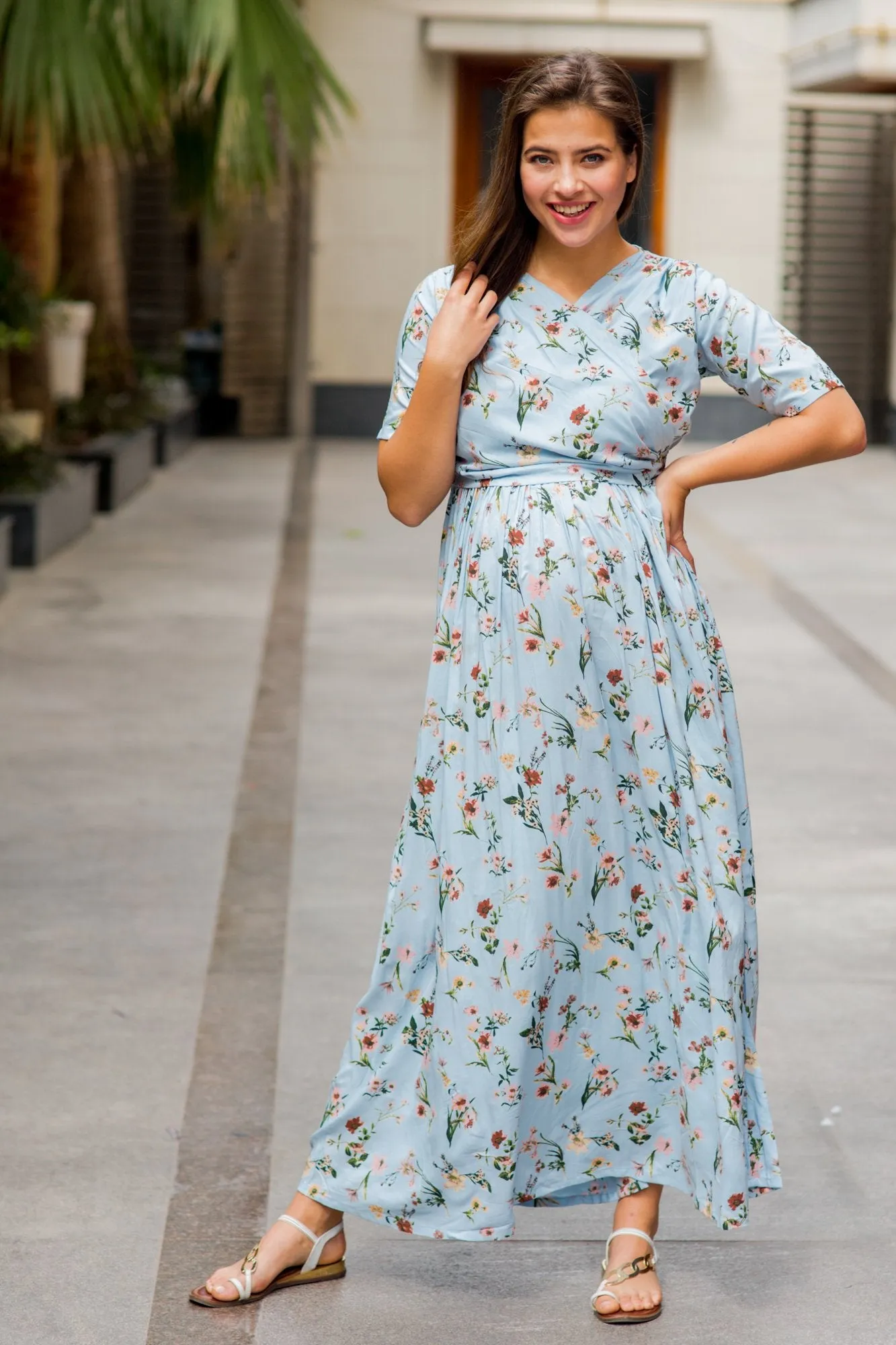 Pastel Blue Blossom Maternity & Nursing Wrap Dress