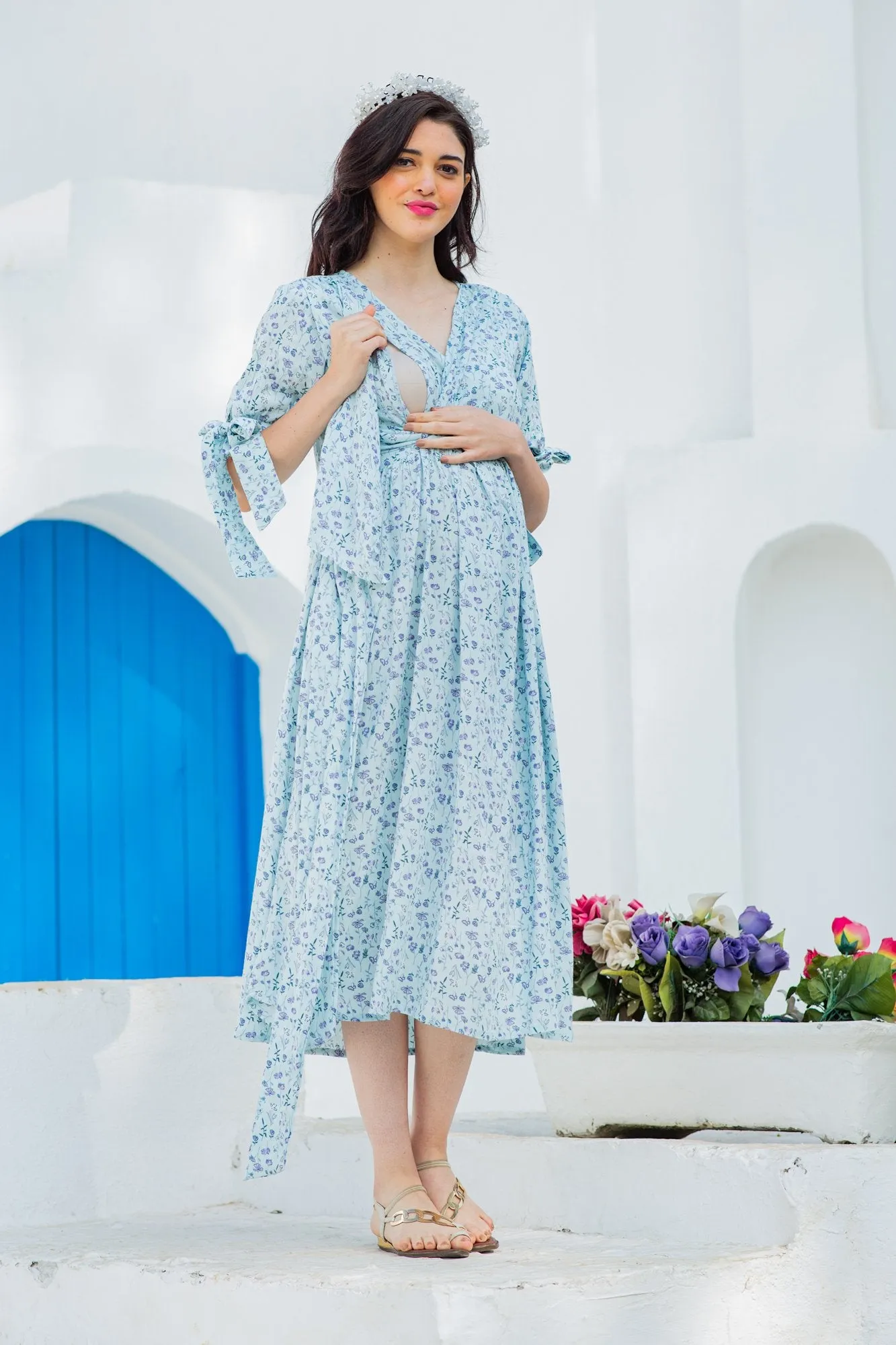 Pastel Sky Blue Maternity & Nursing Wrap Midi Dress